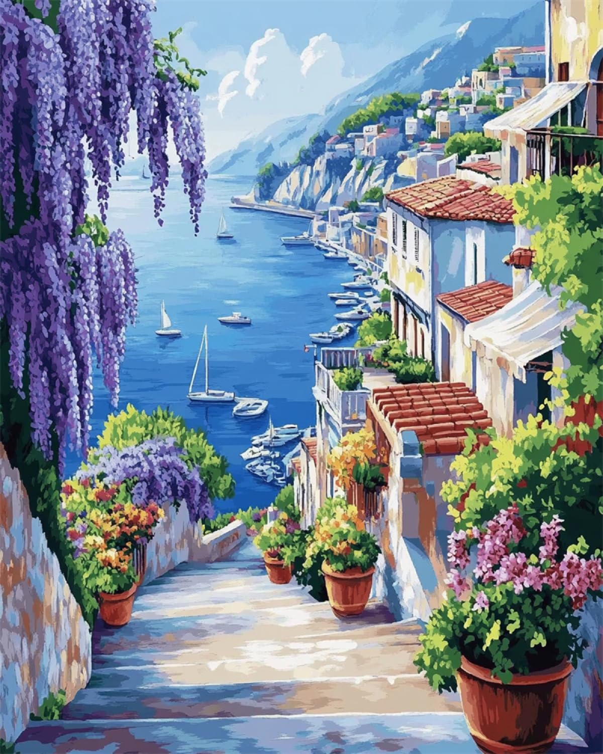Taxpy Diy Kreuzstichset Mit Perlen Lila Blumen Hafenlandschaft Mosaikperlen-Stickerei, Handgefertigte Perlen, Kreuzstich-Sets, Geschenk Für Freunde 50x70cm