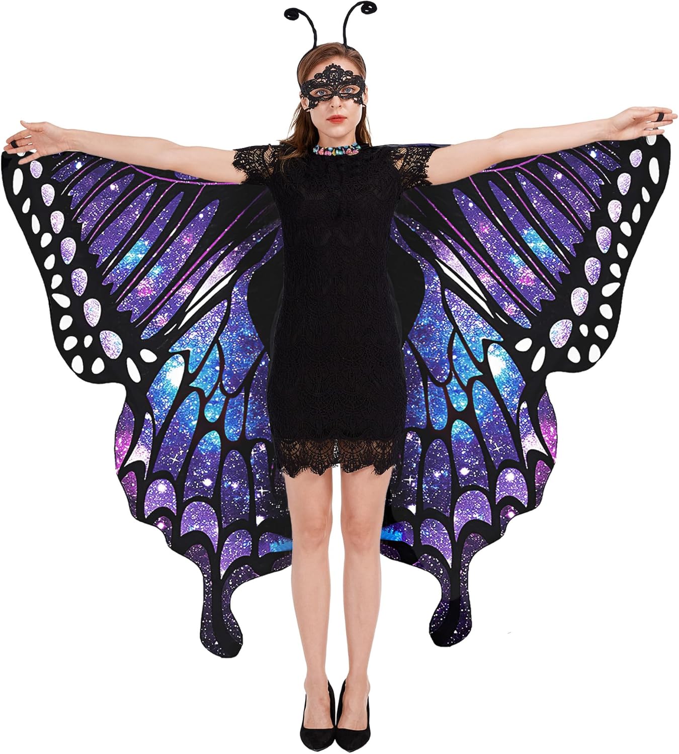 tibeha halloween butterfly wings for women - double-sided printing costume adult cape with mask and antenna headband purple-5020-fadsb