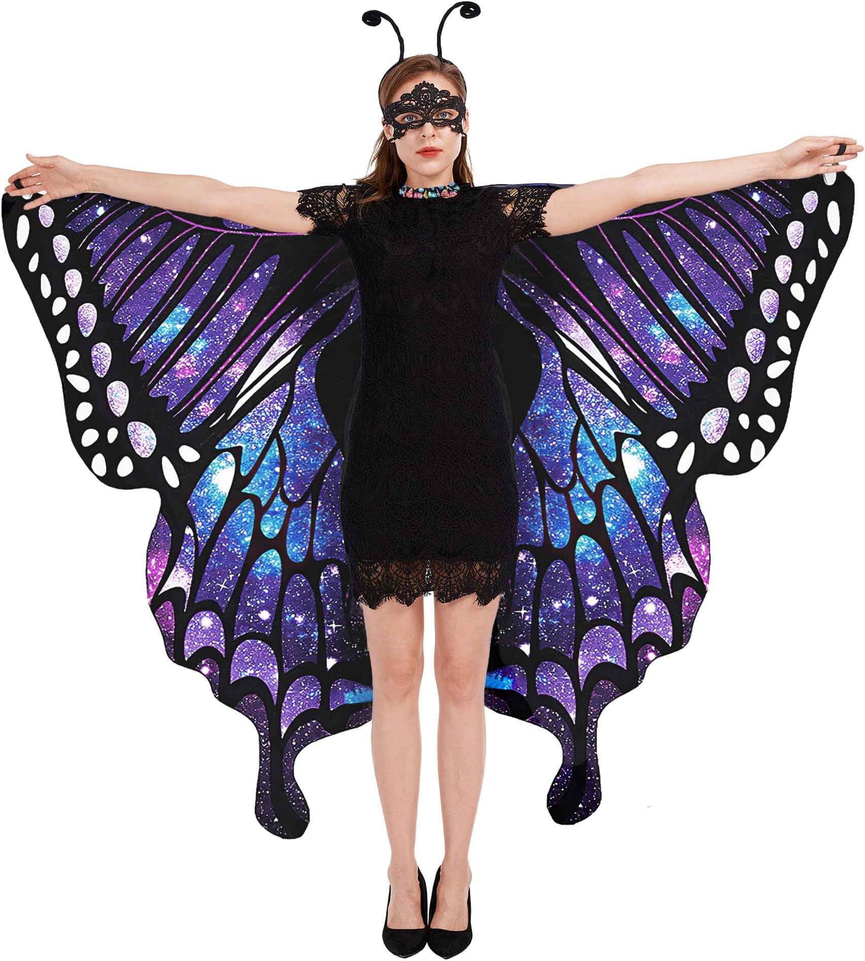 Halloween Butterfly Wings for Women - Double-Sided Printing Costume Adult Cape with Mask and Antenna Headband