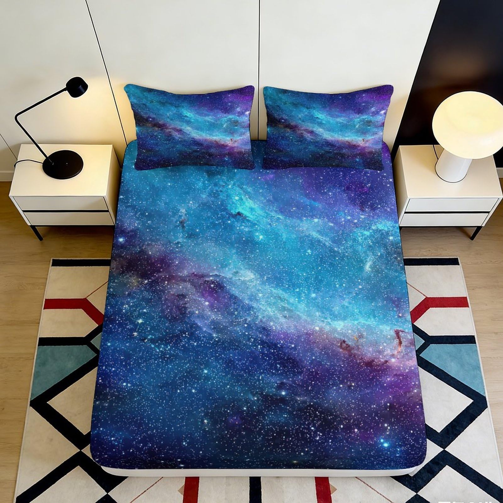 K1r3d9e5 Style-7 3D Printed Galaxy Starry Sky Fitted Sheet Microfiber Soft Breathable Cosmic Nebula Mattress Cover Bedroom Decor 90X200x25cm