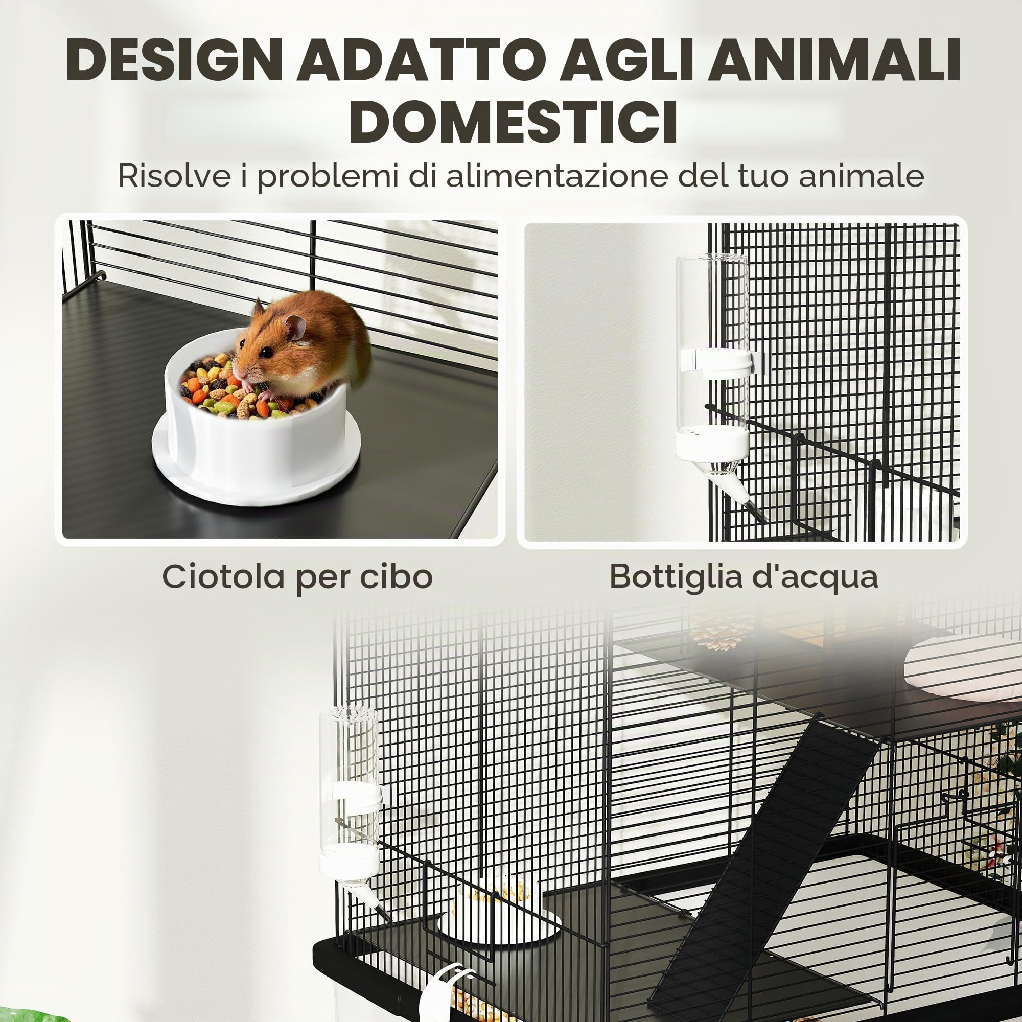 PawHut Gabbia per criceti, gabbia per roditori, 3 piani, con rotelle, 2 piattaforme e 2 scalette, in filo d'acciaio, 57 x 43 x 74 cm, nera