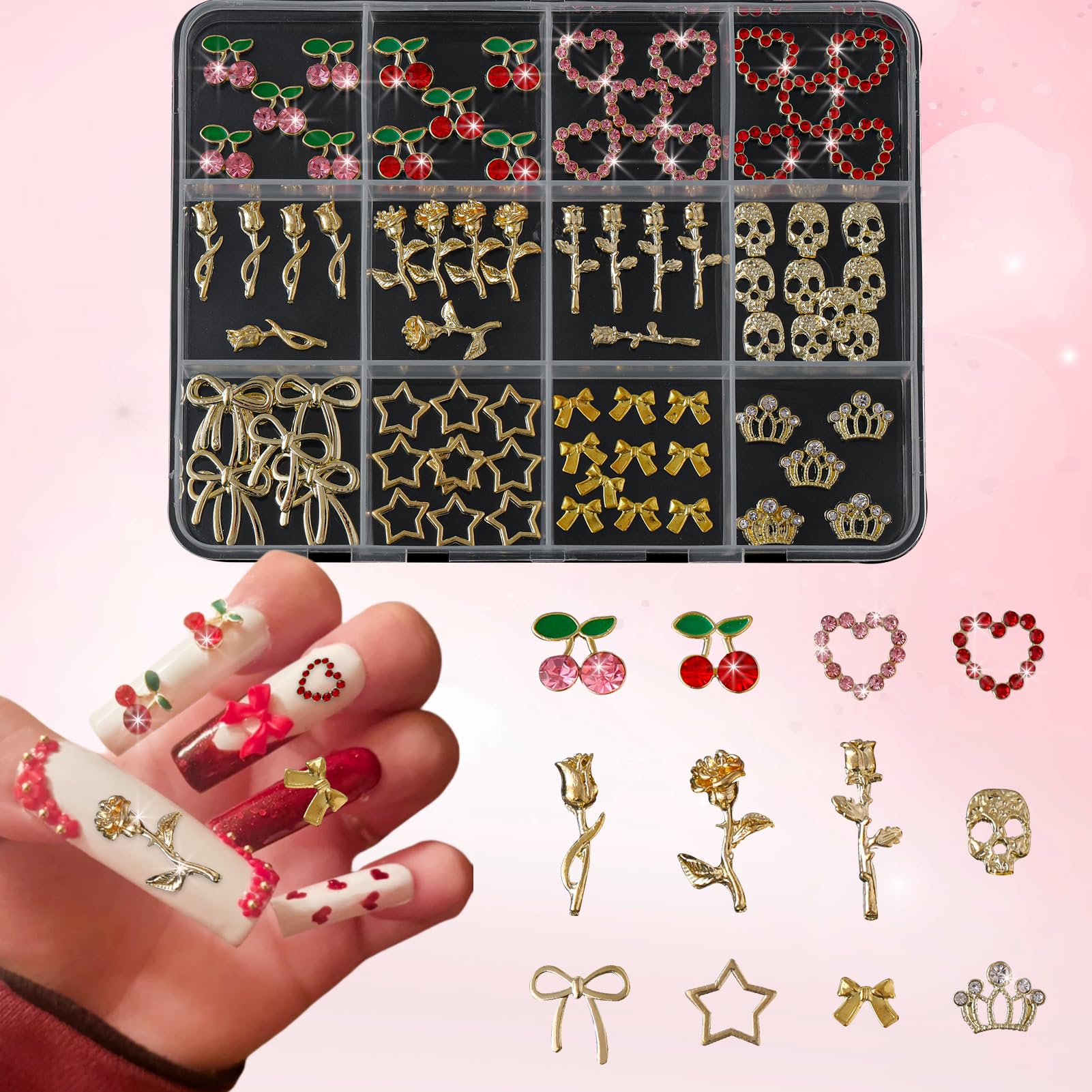 ALGLEA 80pcs Gold Nail Charms Set with Rose, Cherry, Bow, Hearts, Star, Flowers, Skull and Crown - Y2K 3D Gold Charms for Nail Decorations