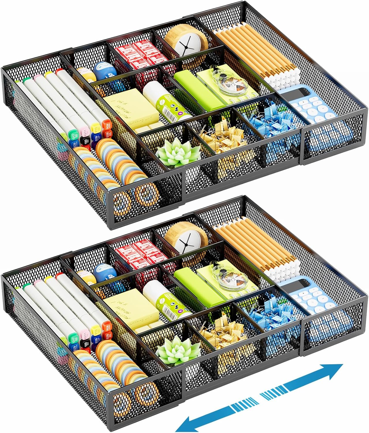 Marbrasse Expandable Desk Drawer Organizer, Mesh Drawer Organizer Tray with 10 Adjustable Compartments, Desk Organizers and Accessories for Office Supplies, Makeup & Vanity (Expandable Black-2 pack) Black-2P