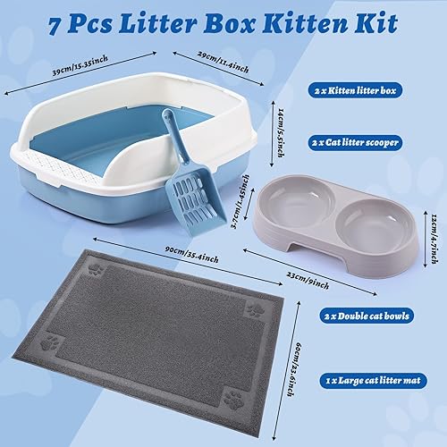 Vista 2 de Sliner 7 Pcs Kitten Litter Box Starter Kit, 2 Plastic Small Kitty Litter Box Training Low Entry with Scoop, 2 Double Cat Bowl and Mat for Kitten Azul