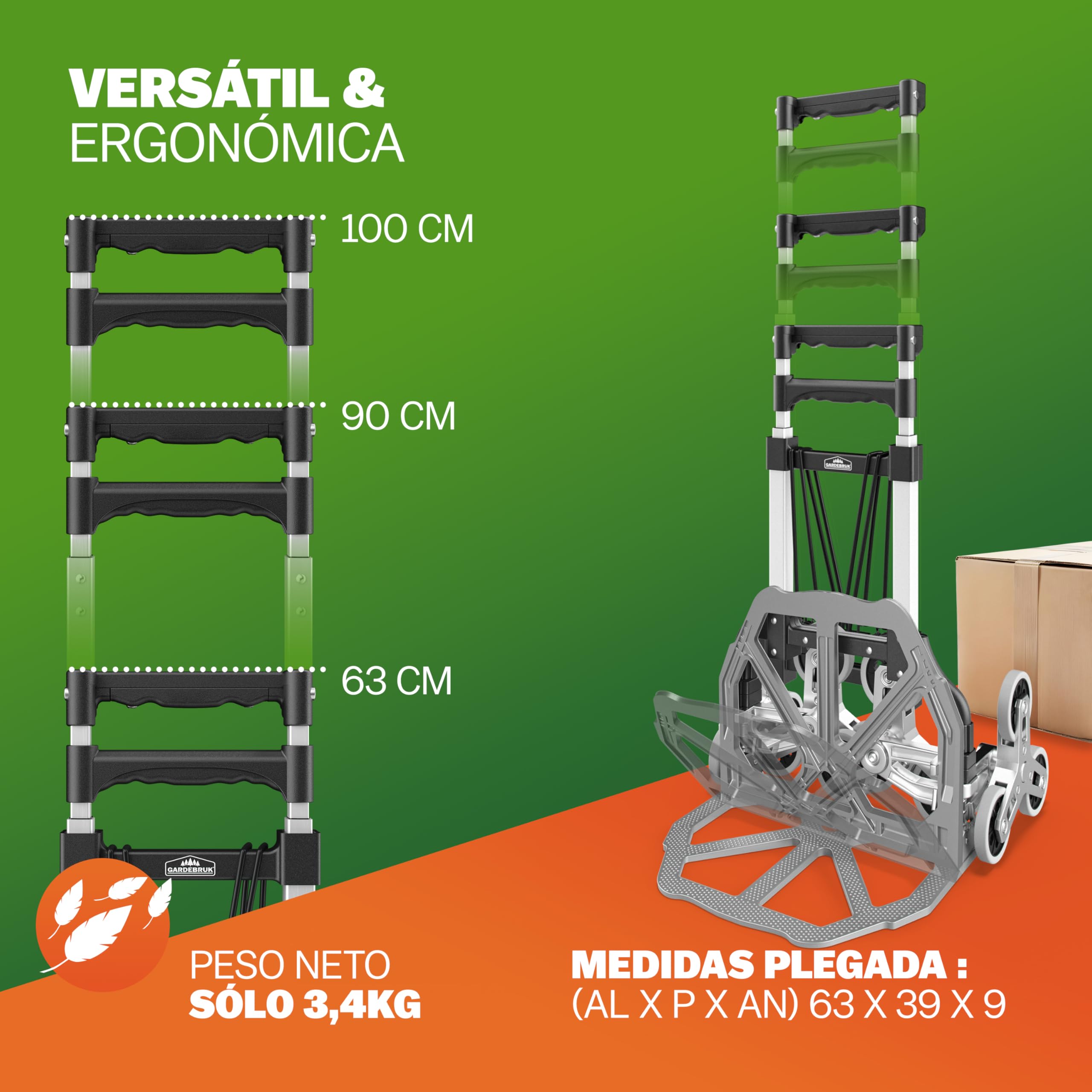 GARDEBRUK® Carretilla Plegable para Subir Escaleras hasta 80Kg Carro Transporte Mudanzas Aluminio Altura Regulable Ruedas Goma Maciza Incl. Guantes y Cuerdas Elásticas