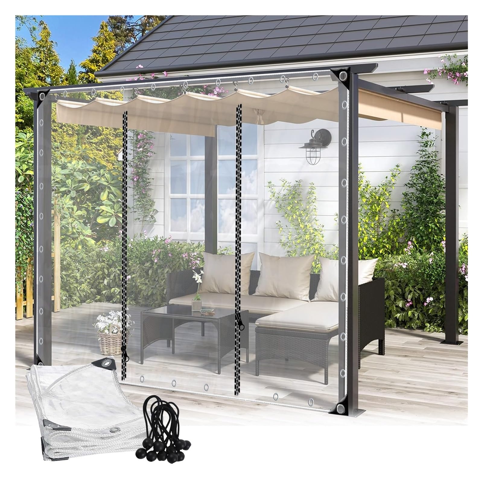Pochy Clear Pergola Waterproof Side Panels With Zip Door Transparent Outdoor Weatherproof Curtains Pvc Plastic Tarpaulin, For Gazebo, Gardens(6'X6.6'(1.8X2m))