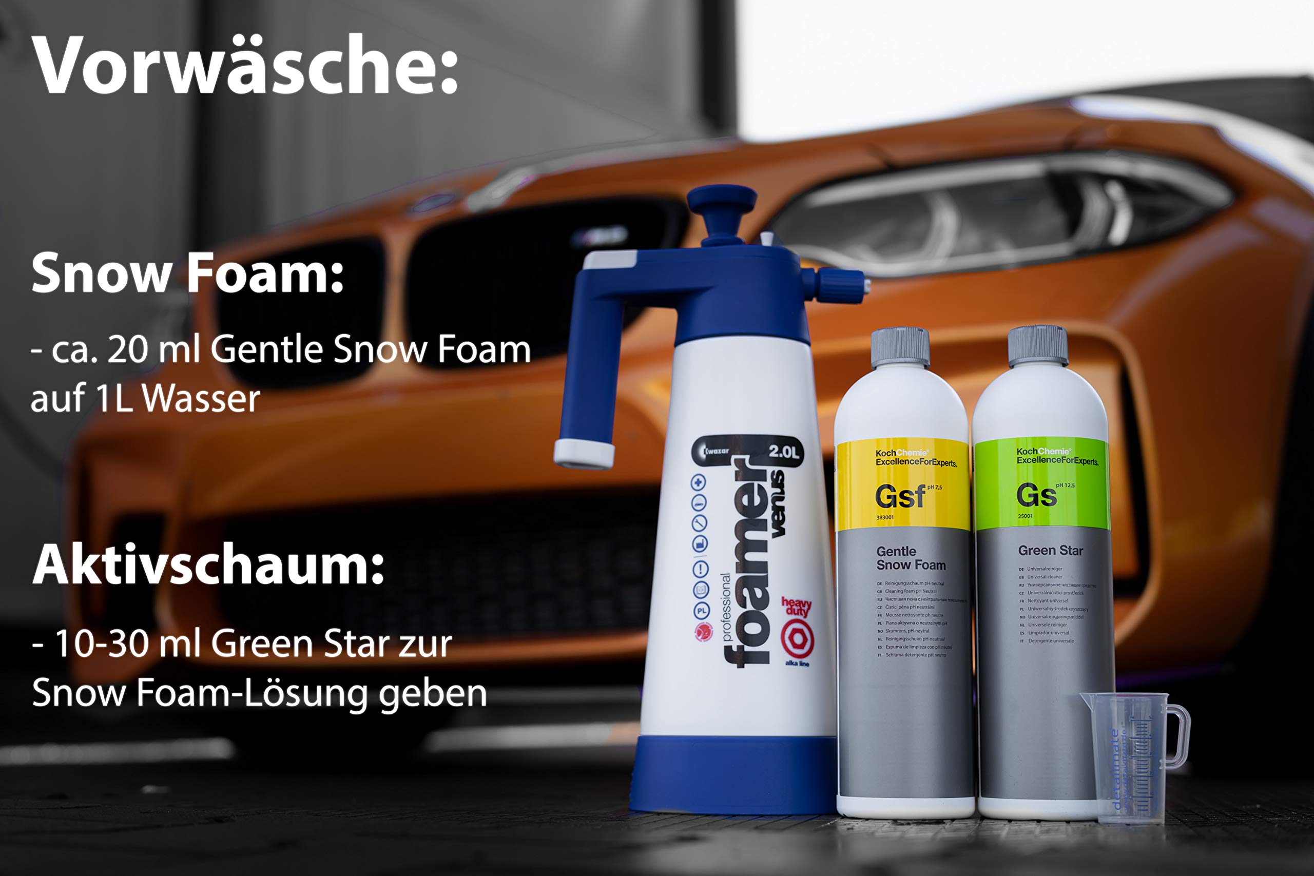 detailmate Set prelavaggio ValetPro con schiuma pH neutro, applicatore Kwazar 2L, lavaggio principale: shampoo KochChemie Nano Magic 750ml, secchio Gritguard 20L, inserto per sporco, guanto lavaggio