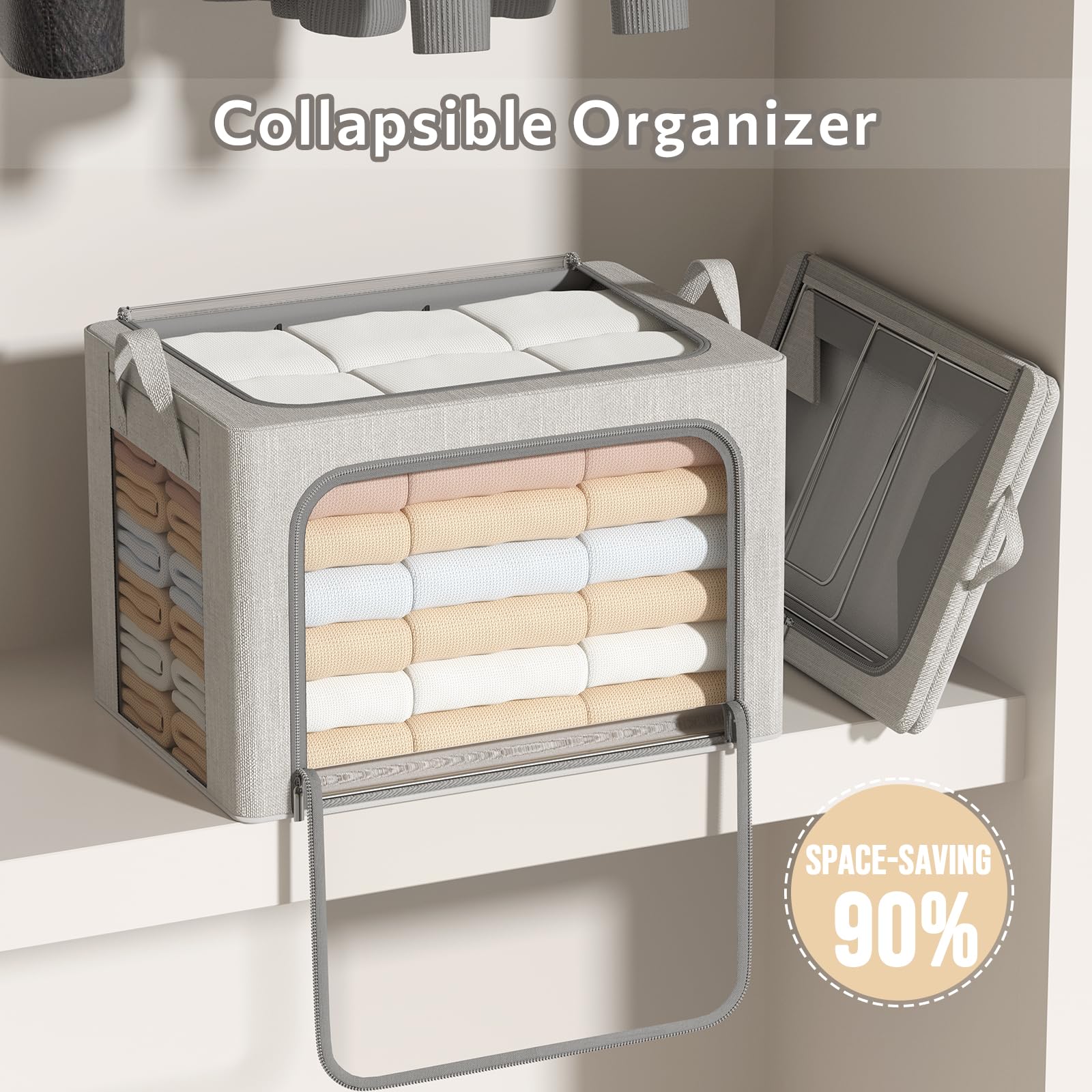 Combocube Contenitori Per Vestiti Impilabili 40L Con Coperchio | Apertura A Cerniera 3 Lati E Finestra Trasparente | Tessuto Lino E Telaio Metallico