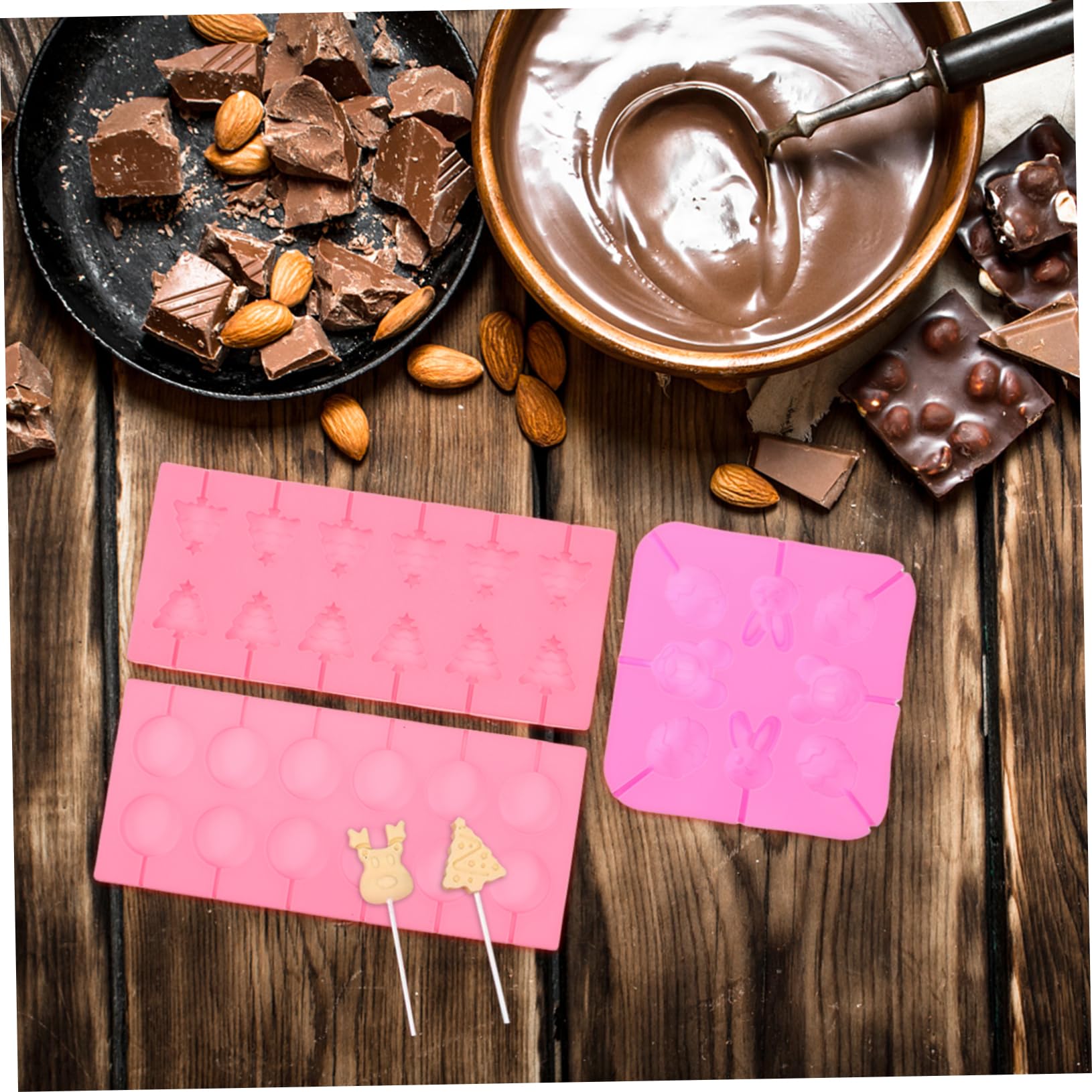 Molde para Piruletas de Chocolate Navideñas 7 Piezas de Silicona | Juego con Palitos, Bolsas y Bridas, Formas Variadas para Cocina, Apto para Dulces Duros y Uso Versátil
