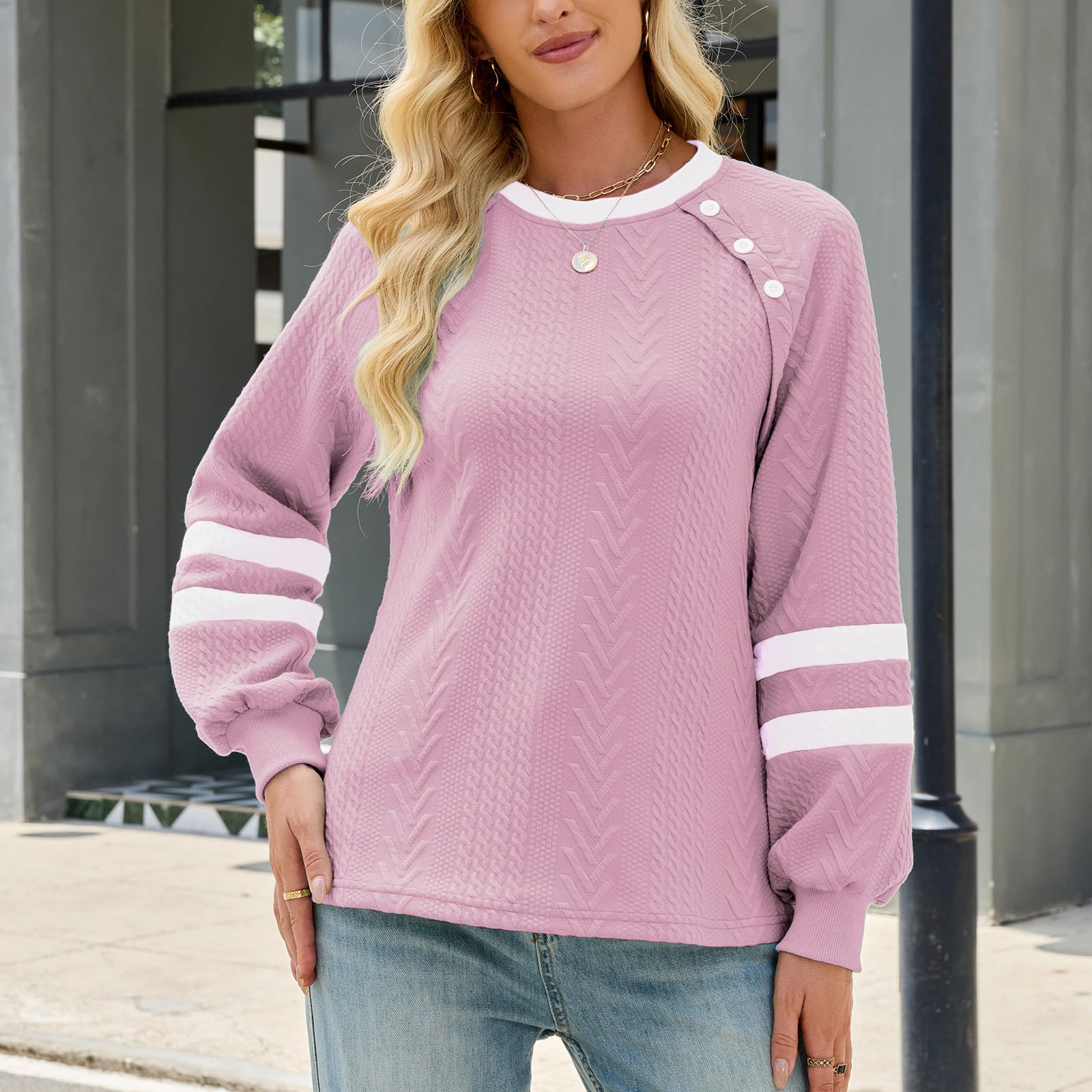 Sweatshirt Damen Langarm Oberteile Elegant Rundhals Shirt Basic Tunika Farbblock Freizeit Tshirt