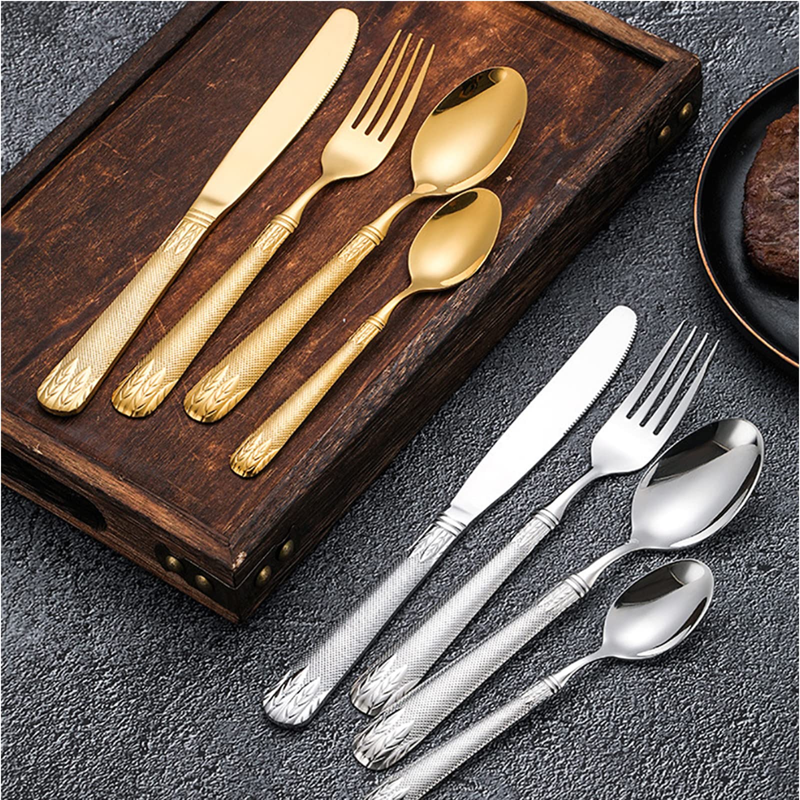 Set Posate 40 Pezzi In Acciaio Inox Martellato: Servizio Per 8 Persone, Design Quadrato Elegante - 5