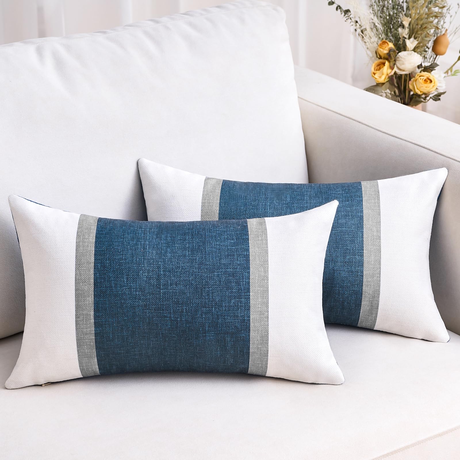 Cushion Cover, Blue, 30 x 50 cm, Cotton and Linen Lumbar Cushion Cover, Modern Stripe Splice Cushion Cover, Sofa Decor, Modern for Sofa Chair, Bed, Living Room, Bedroom, 2 Pieces
