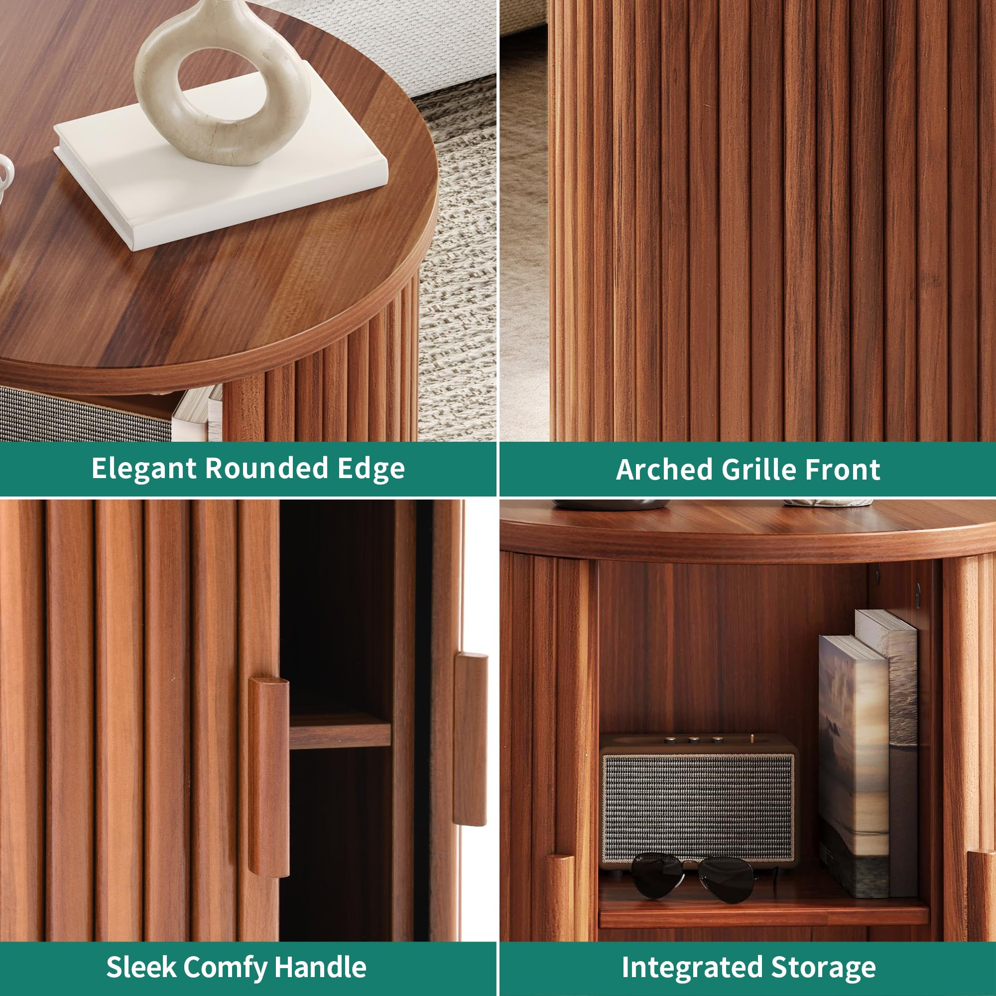 YITAHOME Runder Tisch mit Schiebetürenschrank, Kleiner Couchtisch, Walnut | Beistelltisch mit 2-stöckigem Aufbewahrungsregal für Schlafzimmer, Esszimmer, Wohnzimmer, Office, oder Wohnung, Nachttisch