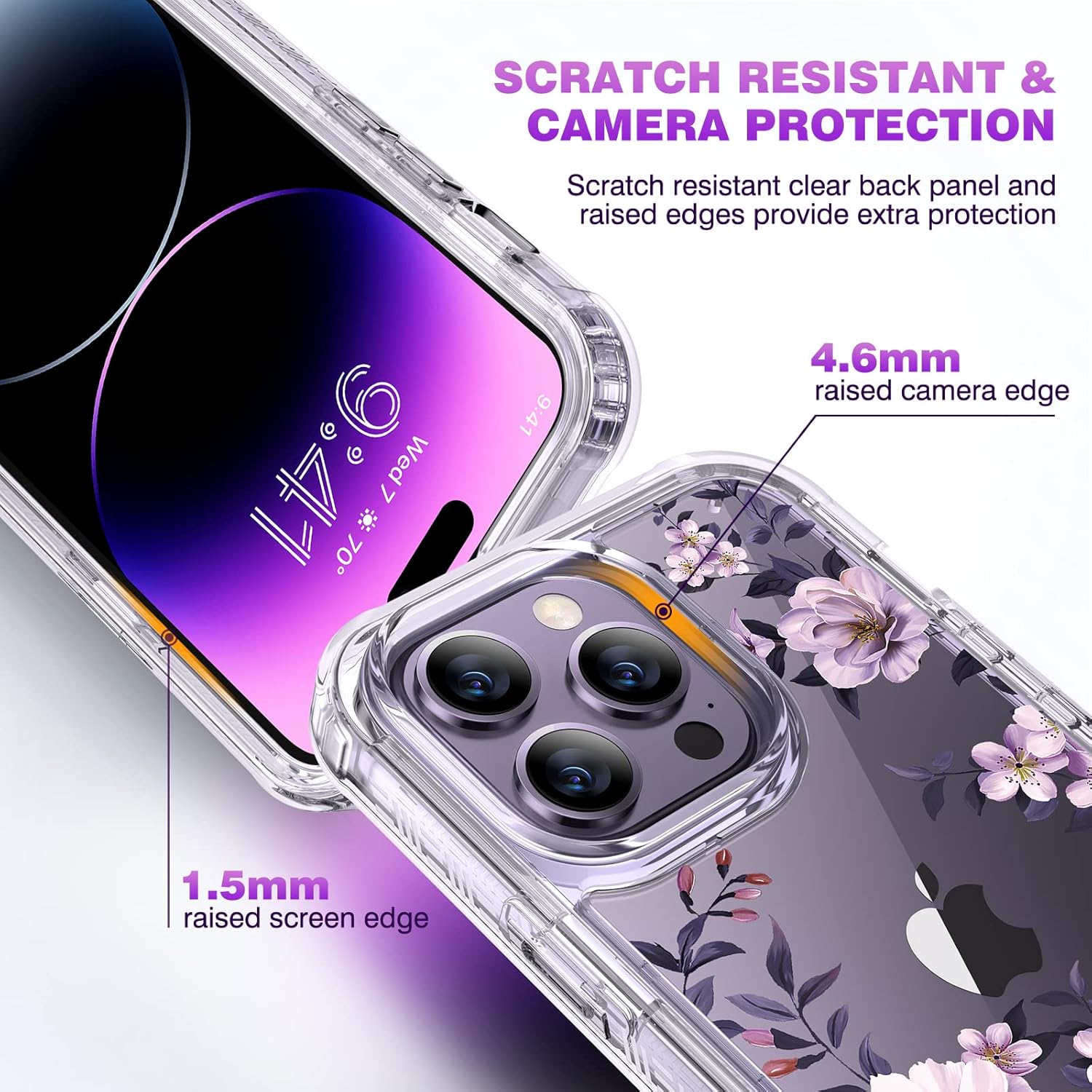 Diaclara Designed for iPhone 14 Pro Max Case 6.7’’, Full Body Rugged Phone Case w/Built-in Sensitive Anti-Scratch Screen Protector+9H Tempered Glass Camera Lens Protector(Clear Flower) - Image 4