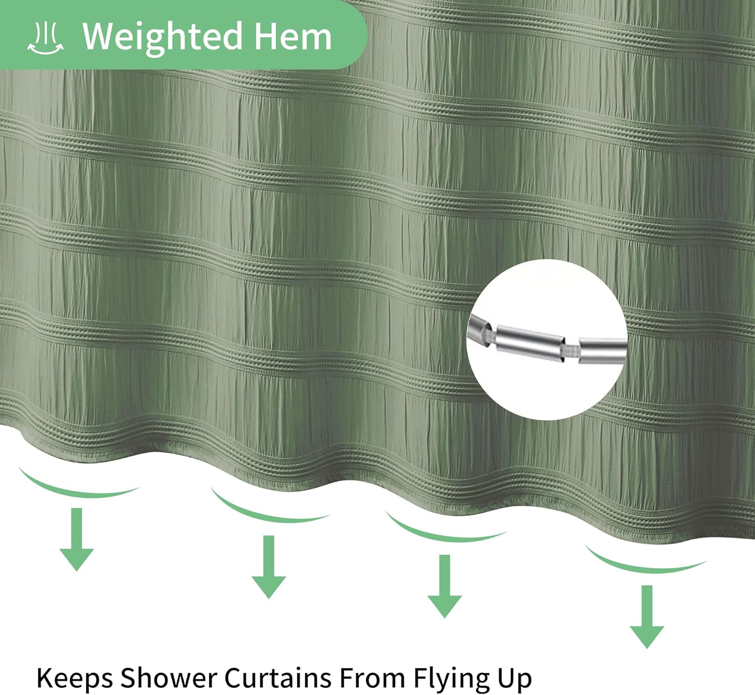 Extra Long Sage Green Shower Curtain Farmhouse,72 x 84 Cotton Blend Waffle Tufted Striped Chic Textured Fabric Shower Curtain for Bathroom, Hotel