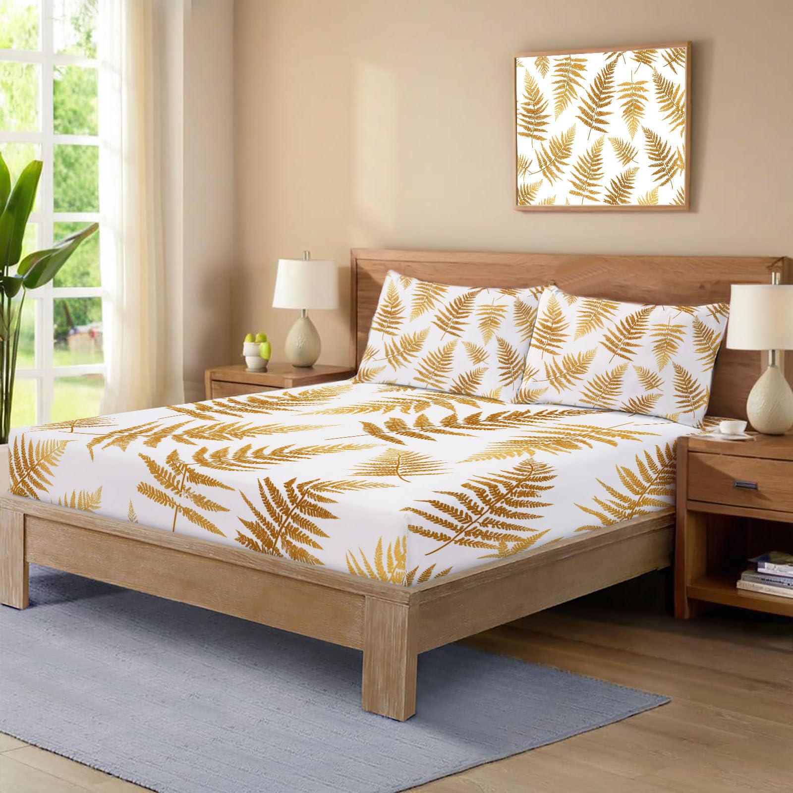 Sábanas 200X190/200Cm - Juego De Sábanas 3 Piezas Estampadas Helecho Metálico - Microfibra Suave Transpirable - Sábana Bajera Ajustable - Ropa De Cama Plantas Minimalistas (Beige)