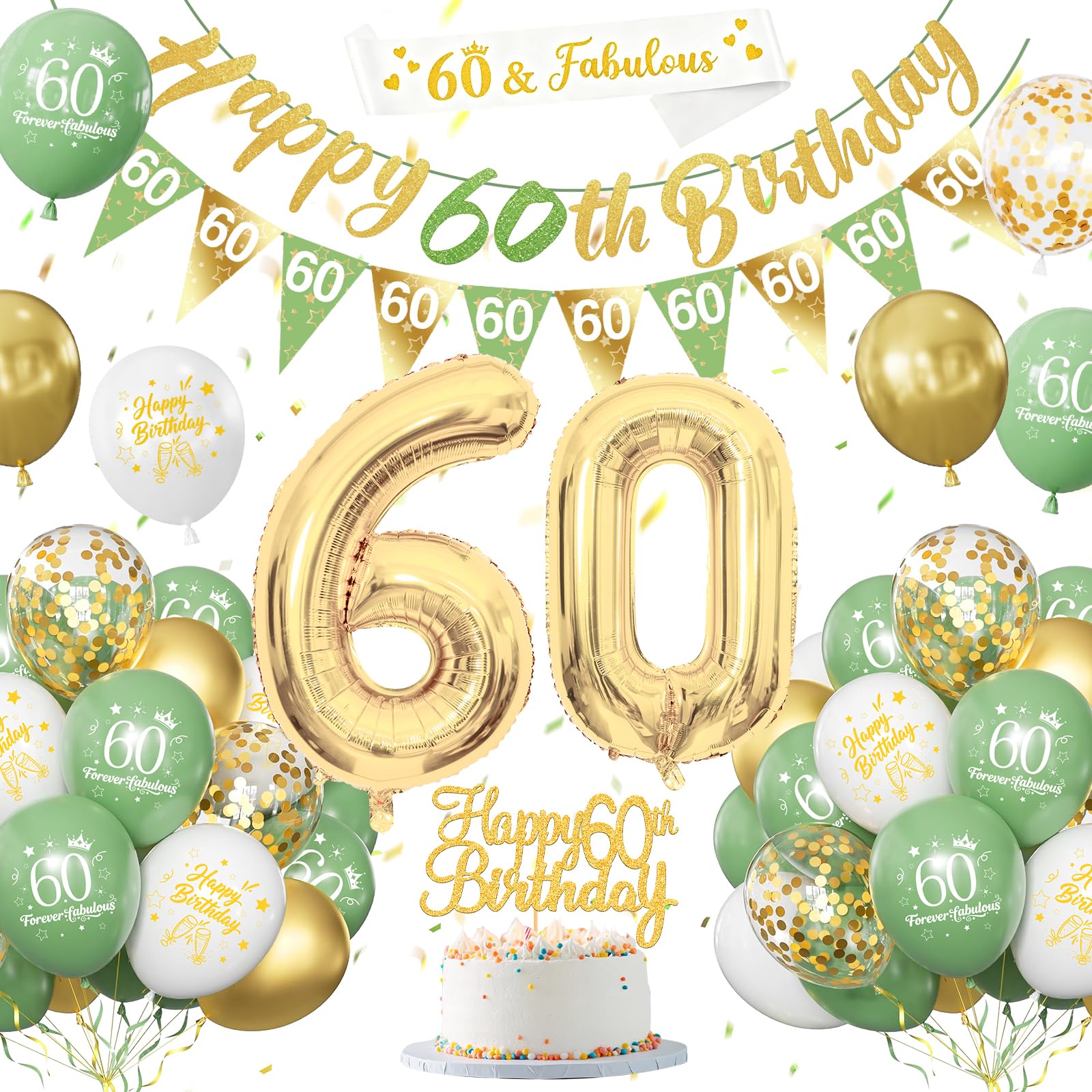 60th Birthday Decorations for Women Men, Sage Green Gold Birthday Decoration with Banners Balloons Cake Topper Sash Triangle Flag for 60th Party Decor