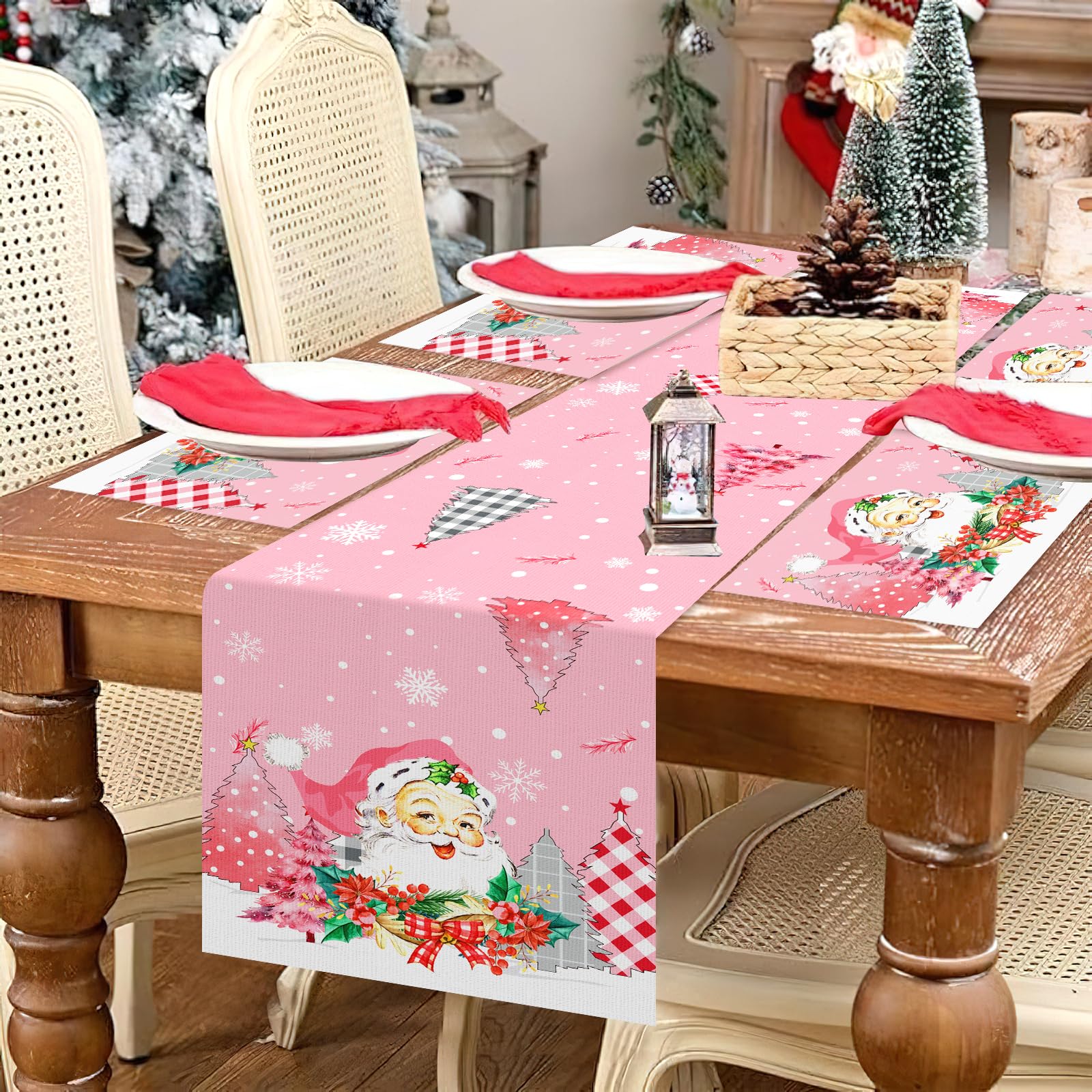 DPKOW Pink Christmas Table Runner Place Mats, Pink Christmas Table Decorations Xmas Table Runner Place Mats Santa Claus Christmas Tablecloth, Pink Christmas Holiday Table Setting, Christmas Home Decor - Image 4