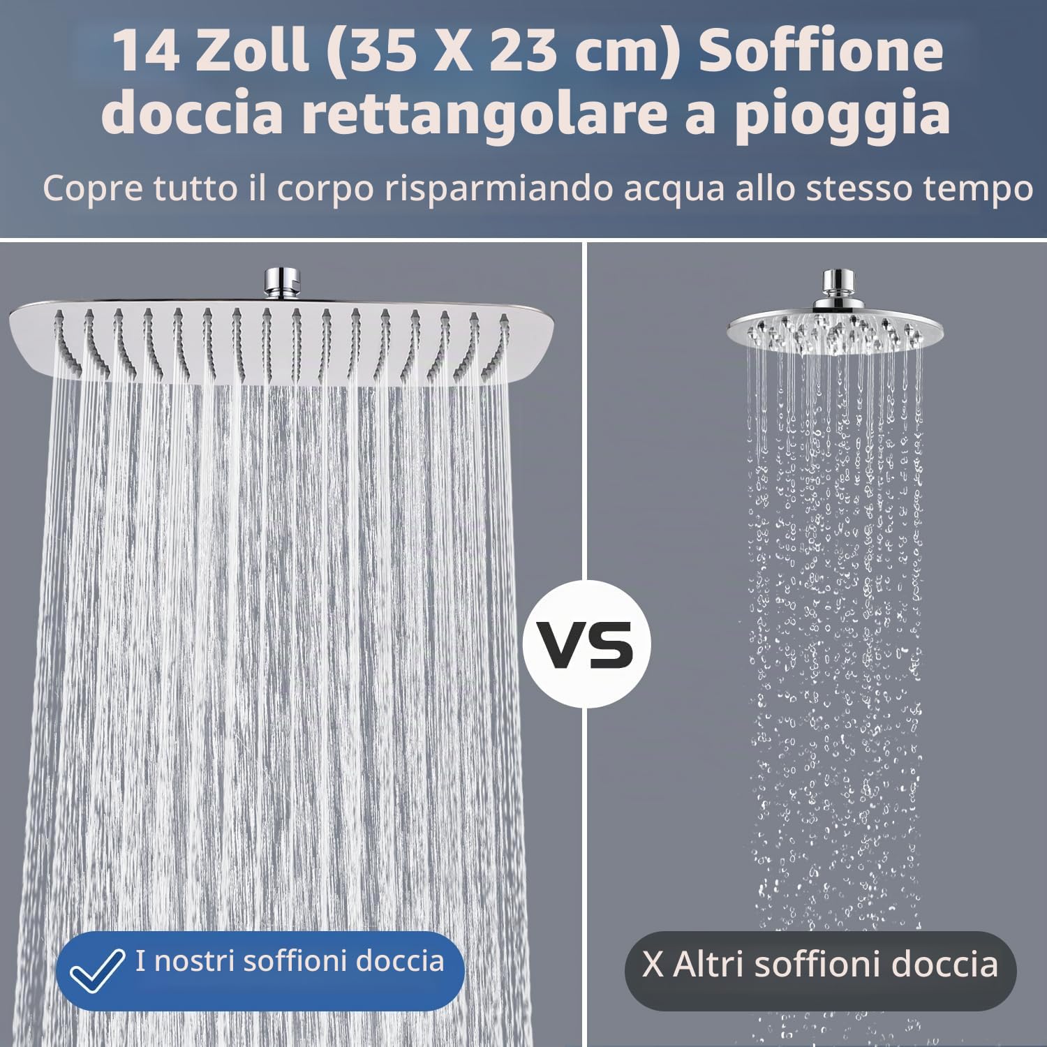 Soffione doccia a pioggia, in acciaio inox, ugelli anticalcare (cromati, 35 x 22 cm)