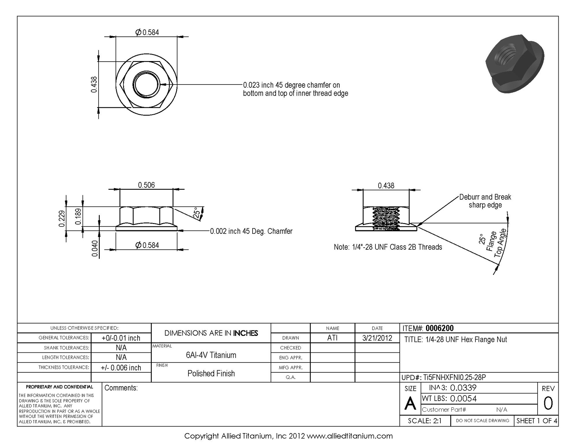Allied Titanium 0006200, (Pack of 6) 1/4-28 UNF Titanium Hex Flange Nut, Grade 5 (Ti-6Al-4V)