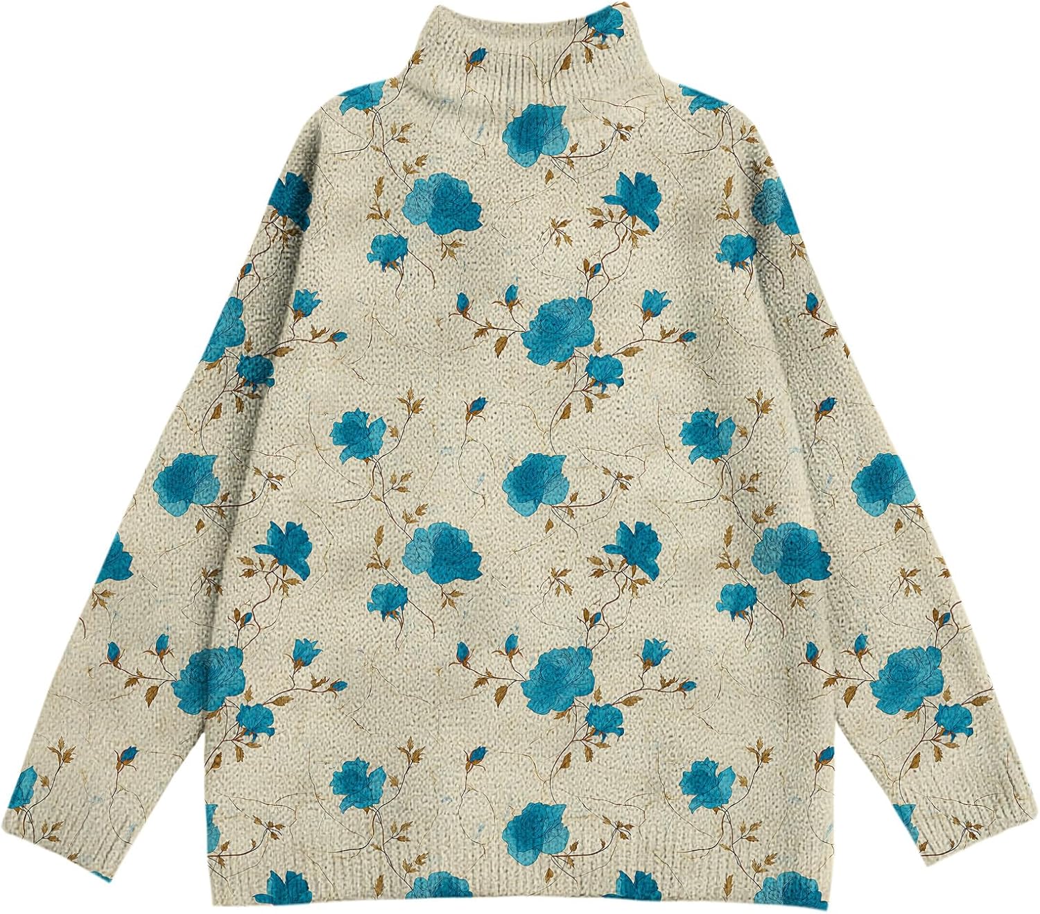 Womens Floral Print Turtleneck Sweaters Boho Vintage Fall Knit Jumper Tops Casual Loose Long Sleeve Pullover Sweater - Image 5