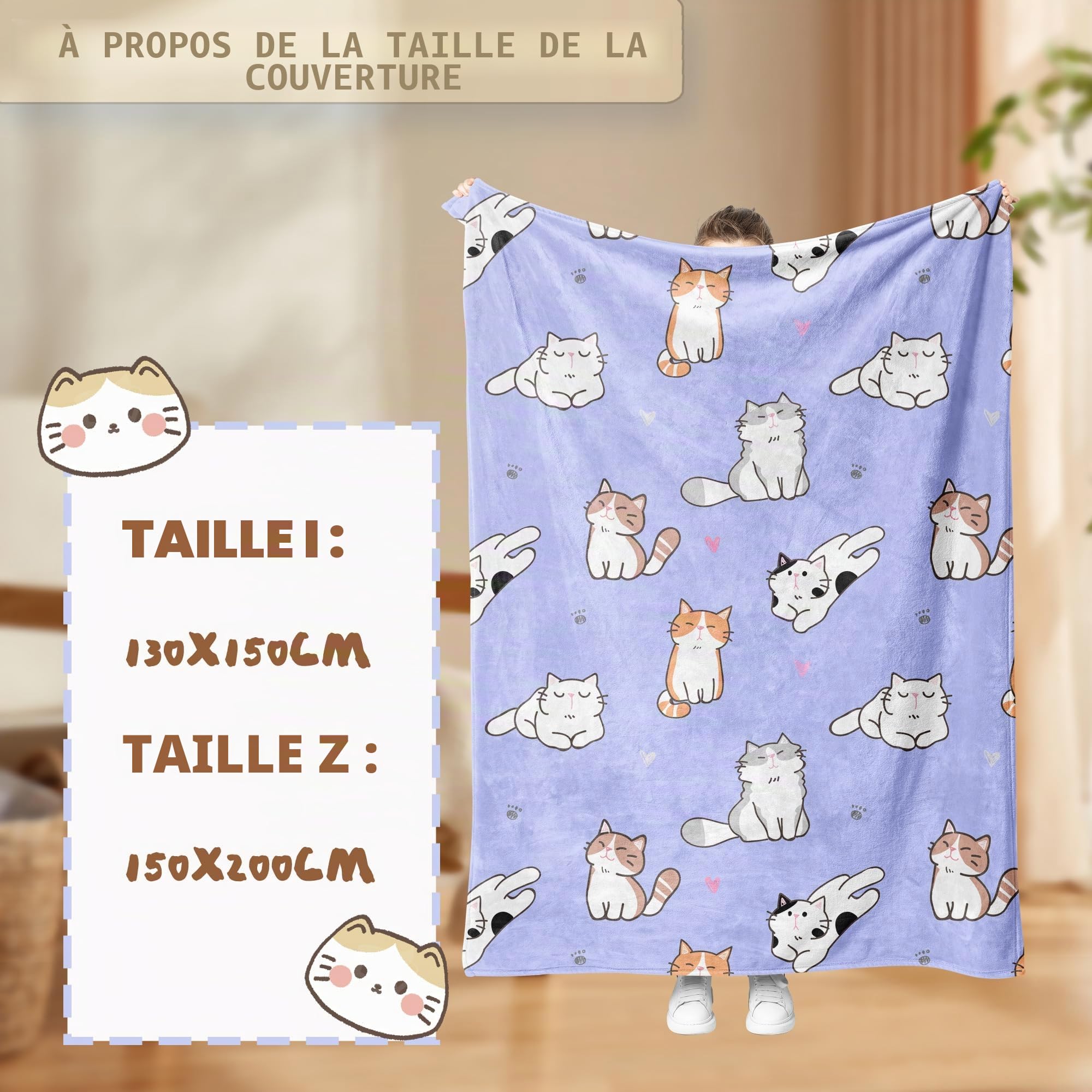 Couverture avec motif de chat 150x200, Couverture en polaire avec impression 3D de chaton, Couverture douce et chaude en polaire comme jeté de canapé, couvre-lit ou couverture de salon (B, 150 x 200