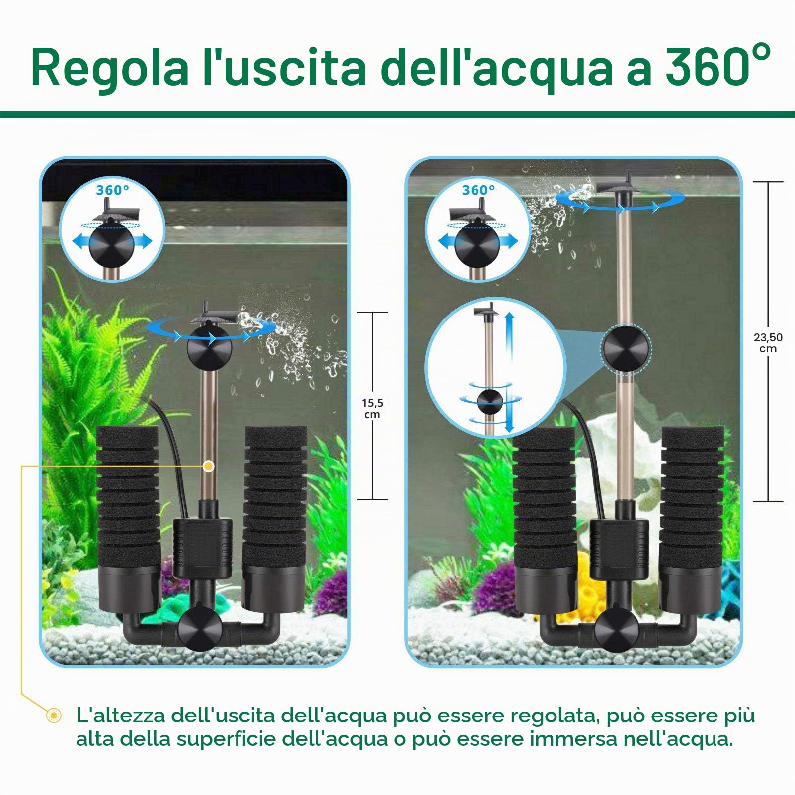 AQQA Filtro a doppia spugna per acquario, 3W/5W Filtro elettrico silenzioso in schiuma