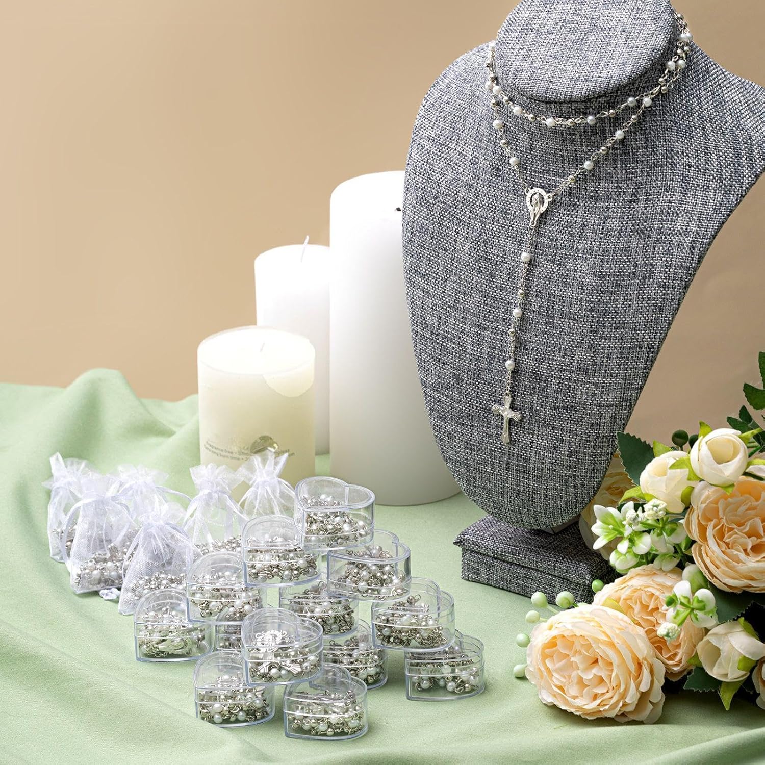 ROCEEI Catholic Rosary Necklace 4 mm Glass Beads Rosary Favors Crucifix Prayer with Faux Pearl with Heart Shaped Box and Organza Bag for First Communion Baptism