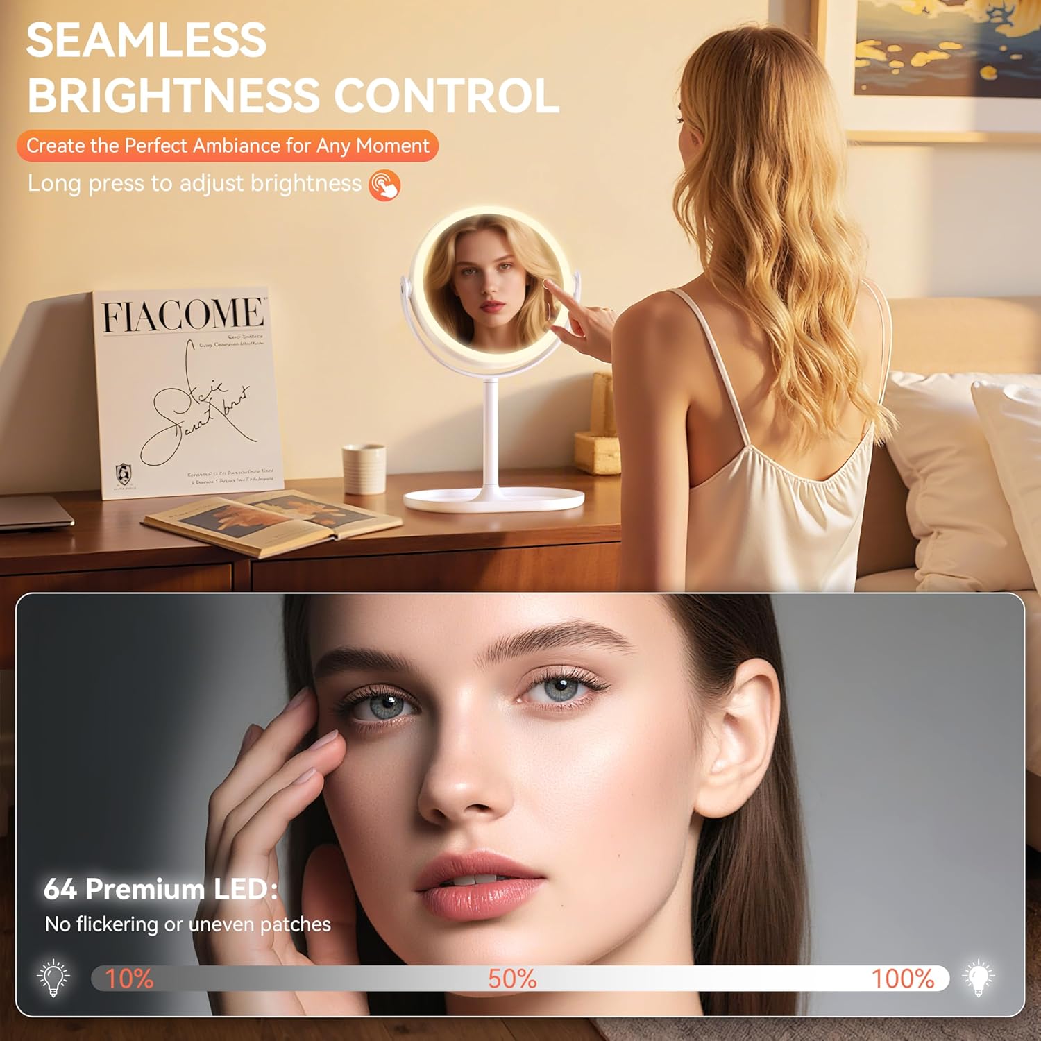 Image showing the three color lighting modes of the Auxmir mirror: Cool Light (6000K), Natural Light (4500K), and Warm Light (3000K).