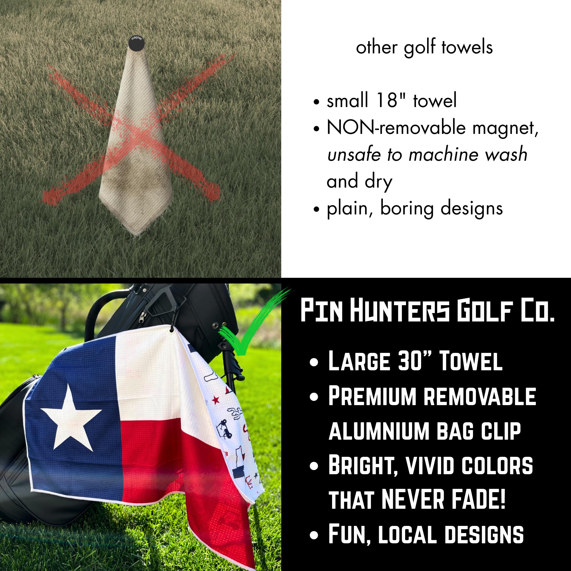 Pin Hunters - Toalla de golf | Toalla de microfibra premium con mosquetón | California, Las Vegas, Minnesota, Estados Unidos | 31 x 15.5 pulgadas (Texas)