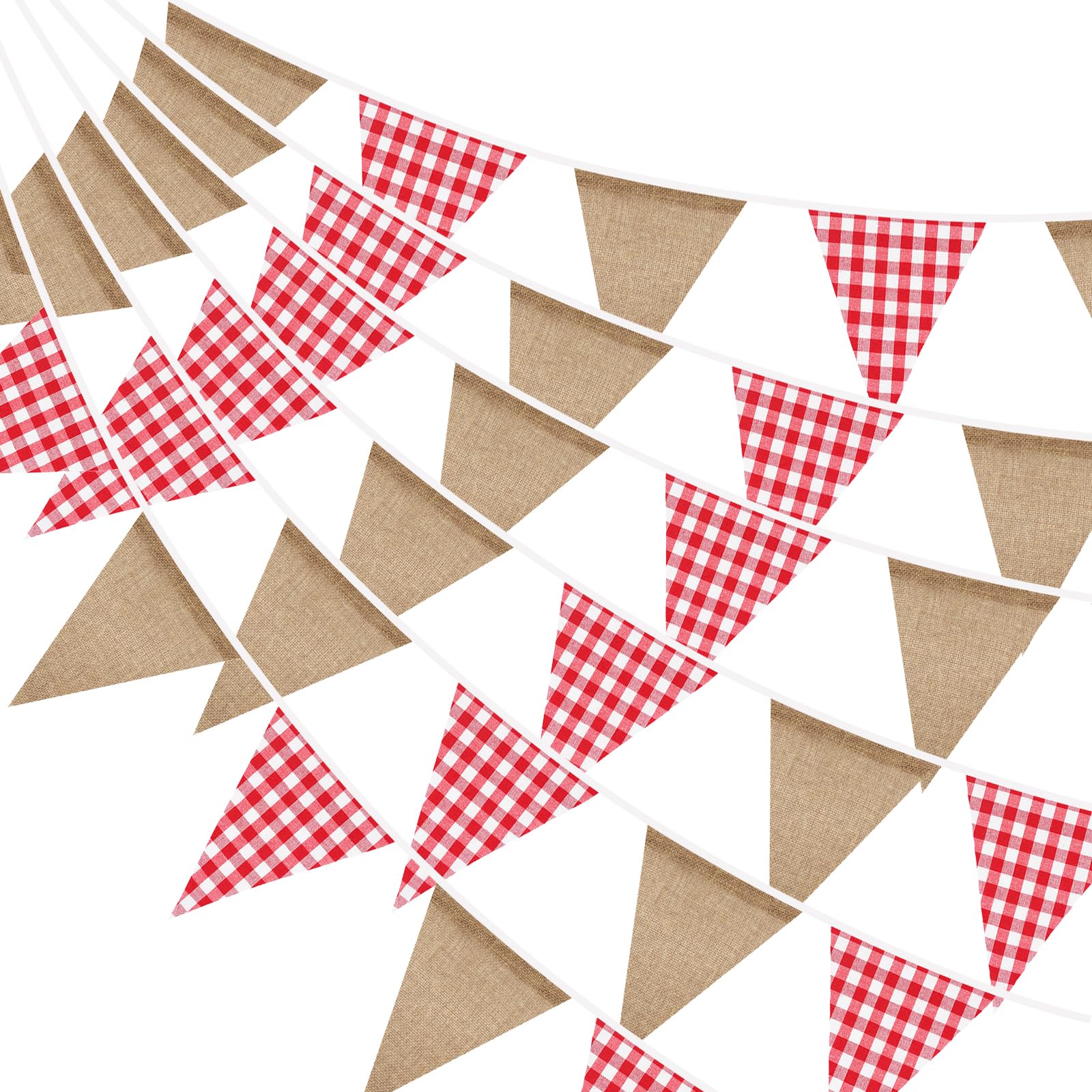 G2PLUS Fabric Gingham Bunting Banner: 10M Brown and Red Reusable Vintage Bunting, 36PCS Cotton and Hessian Outdoor Triangle Flag Garland for Garden Party, Picnic, Rustic Wedding, Birthday Party