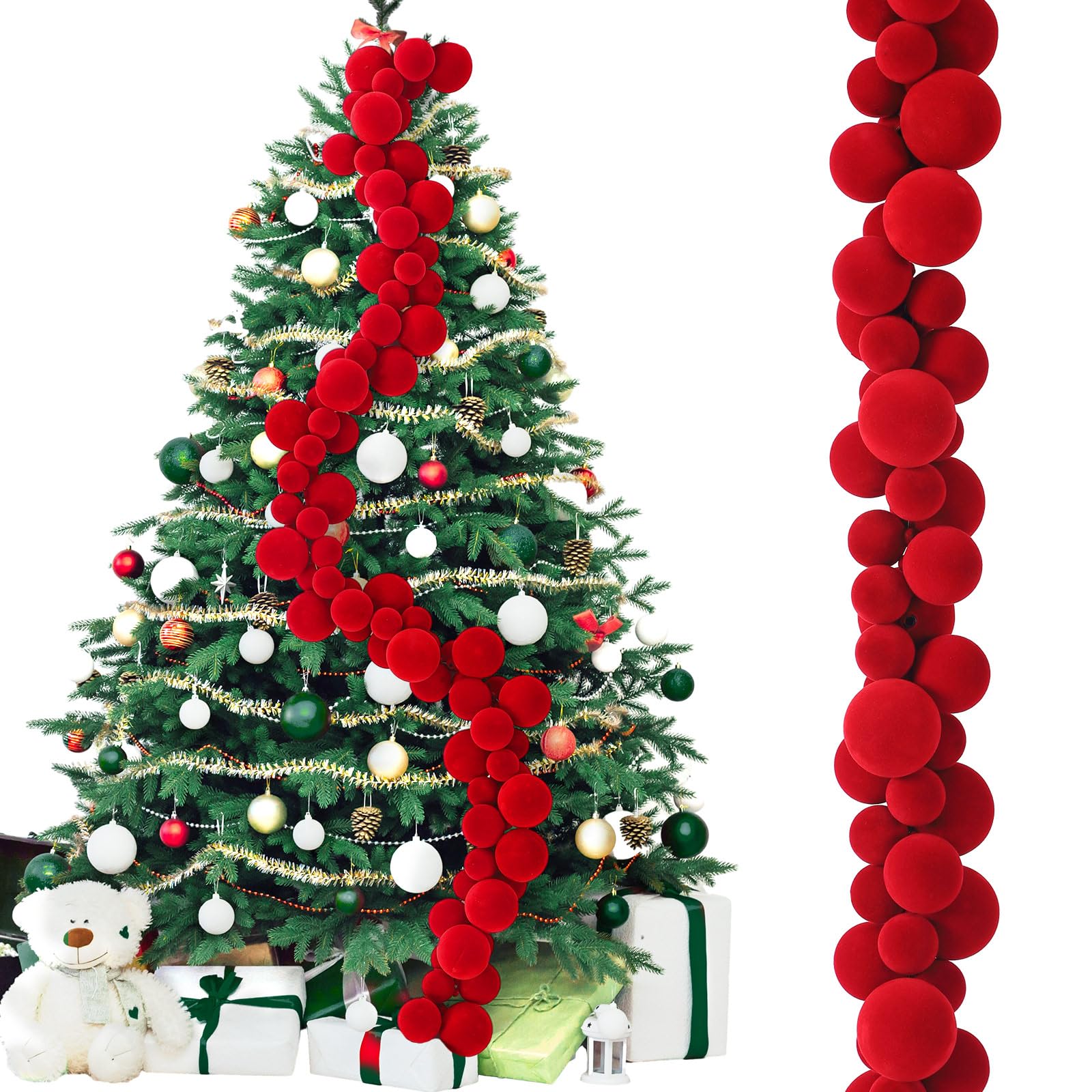 Xinnun Guirnalda de Bolas de Terciopelo de Navidad de 6 pies, Adornos de Navidad para Colgar, Bolas de Terciopelo inastillables, Decoraciones para el hogar, Interiores y Exteriores, Mantel de