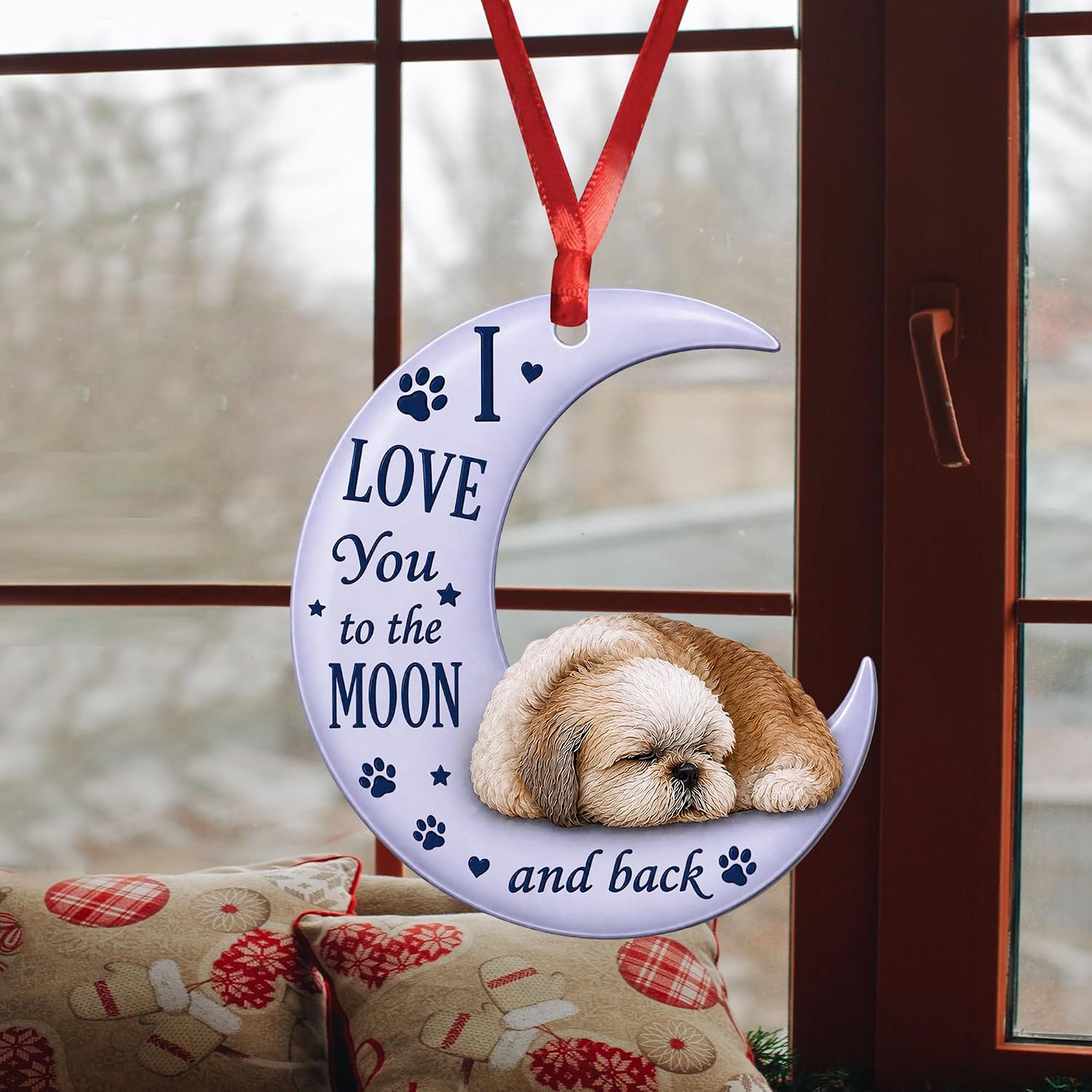 Talataca Shih Tzu I Love You to The Moon and Back Puppy Dog 2D Flat Car Rear View Mirror Accessories Christmas Tree Ornament Decoration Hanging Charm Interior Rearview Pendant Decor Gift image 4