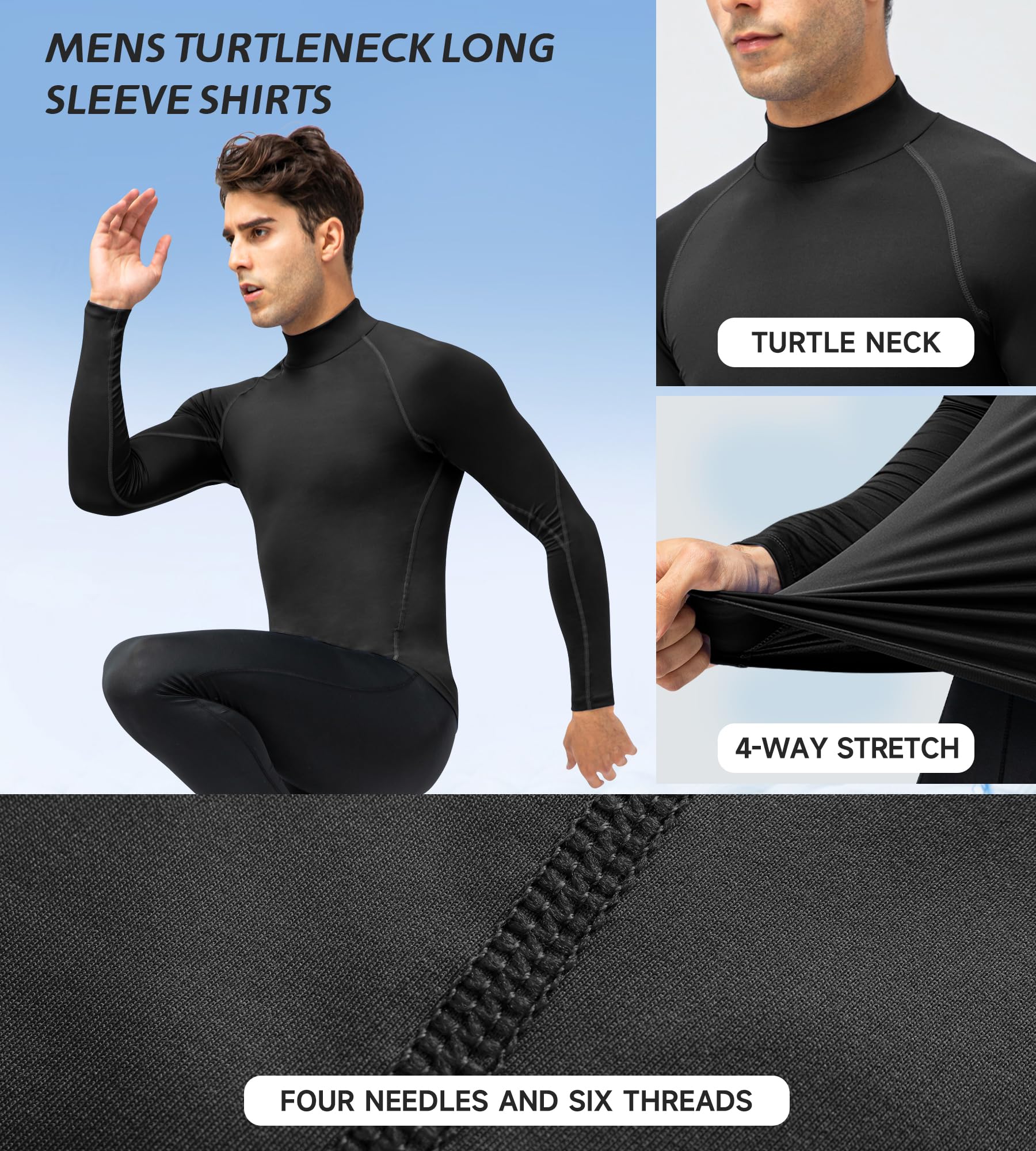 Maglia a compressione a collo alto da uomo, a maniche lunghe, per allenamento atletico, maglietta sportiva ad asciugatura rapida