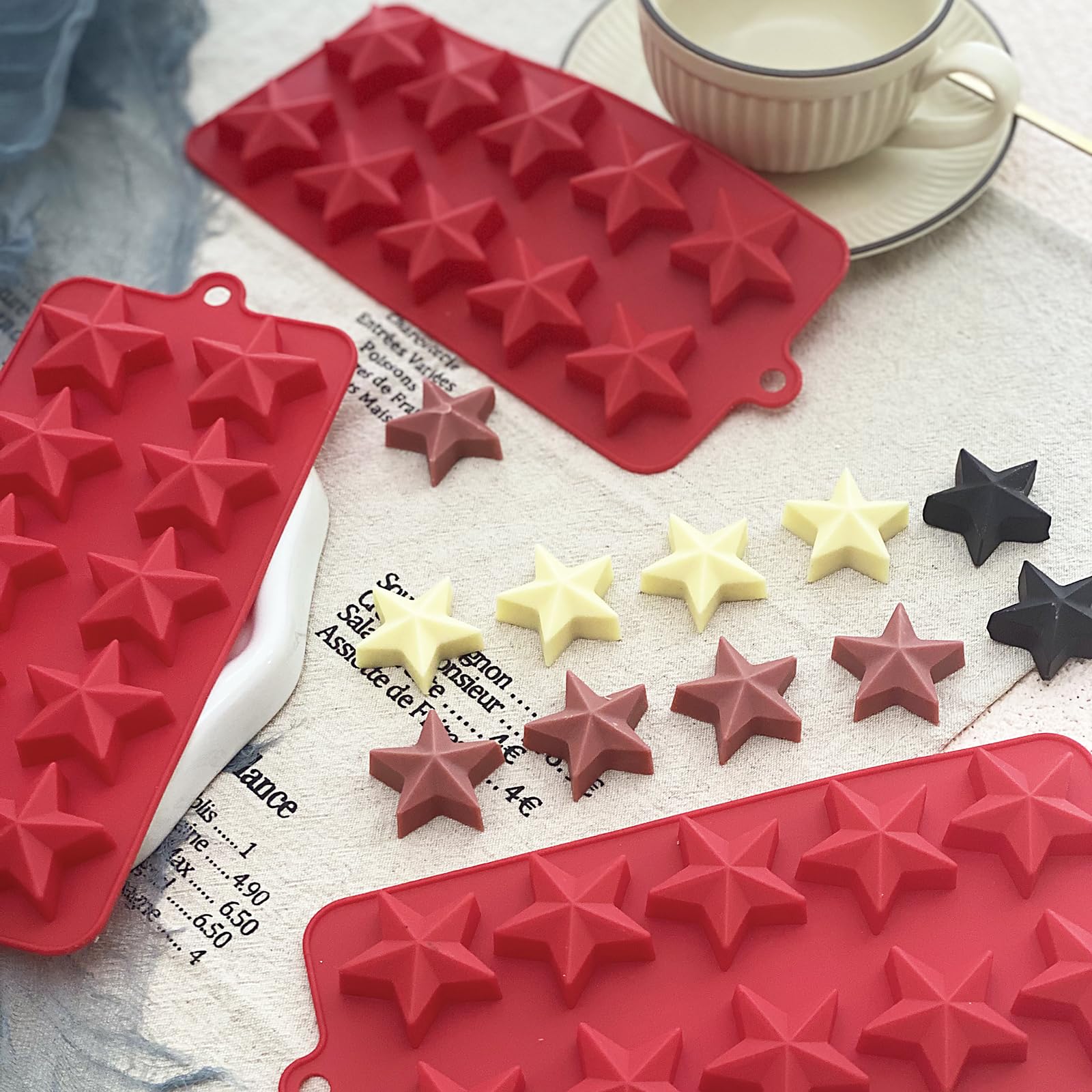 3 moldes de chocolate con forma de estrella, 30 moldes de silicona para caramelos, forma de estrella, gelatina, pudín, galleta de hielo, jabón, 4 de julio, molde de silicona para hornear 8