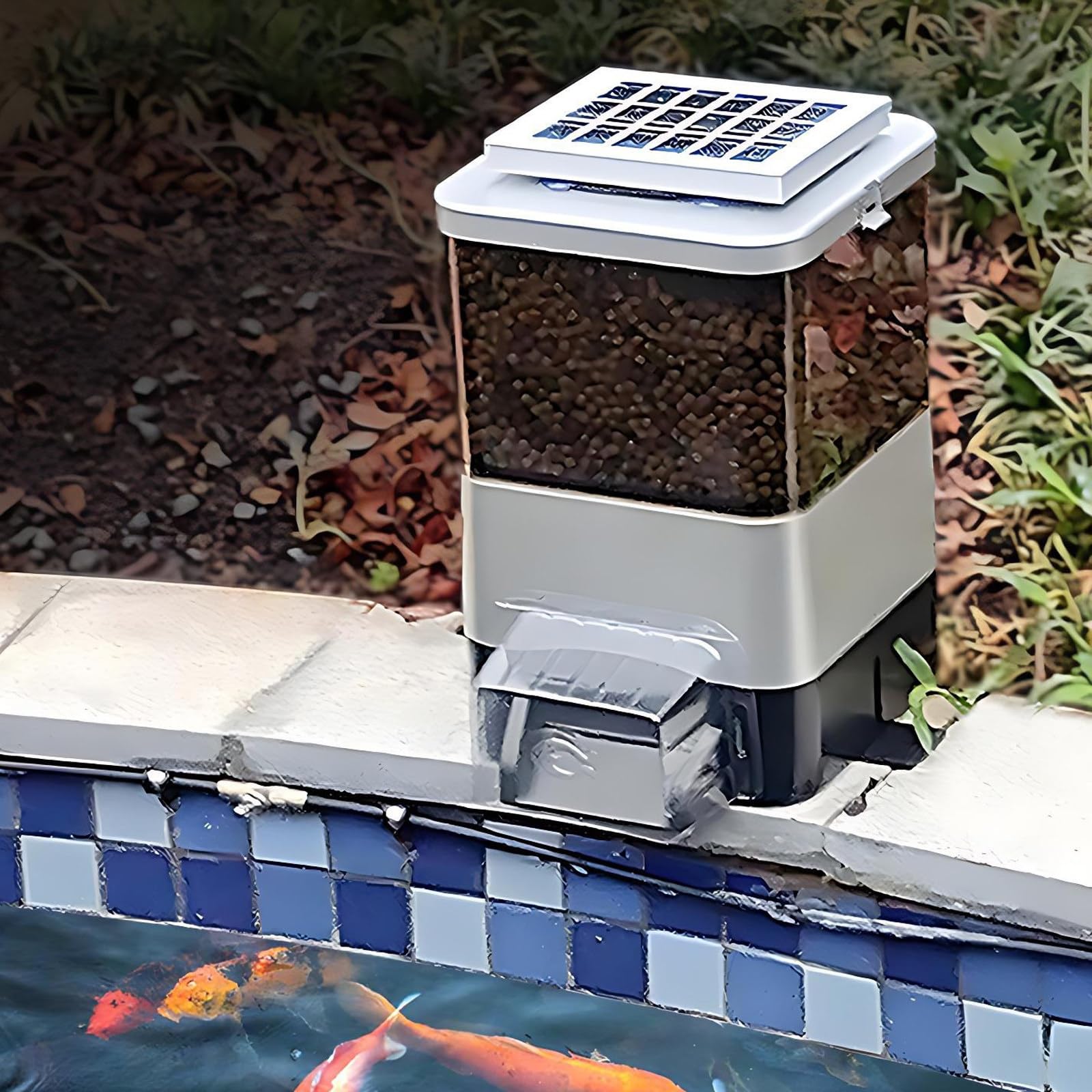 Alimentatore automatico a energia solare per laghetto, capacità 10 l, batteria e AC, cronometraggio automatico, a prova di animali, per uso interno ed esterno