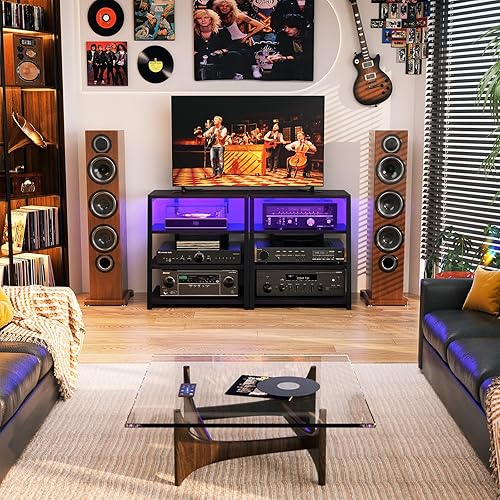 Miniatura 8 de Soporte multimedia AV con tomacorrientes, consola multimedia con luces LED, estantes estéreo y soportes con estantes de almacenamiento, gabinete