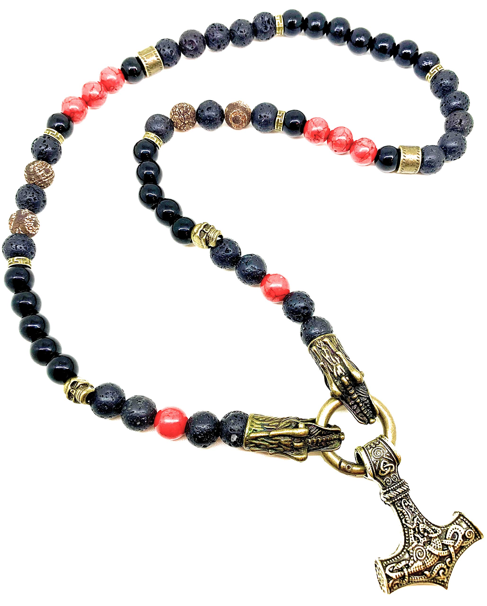 Drachen Kette | Perlenkette mit Thors Hammer/Mjolnir | Rocker-Schmuck | Biker-Schmuck | Wikinger-Schmuck