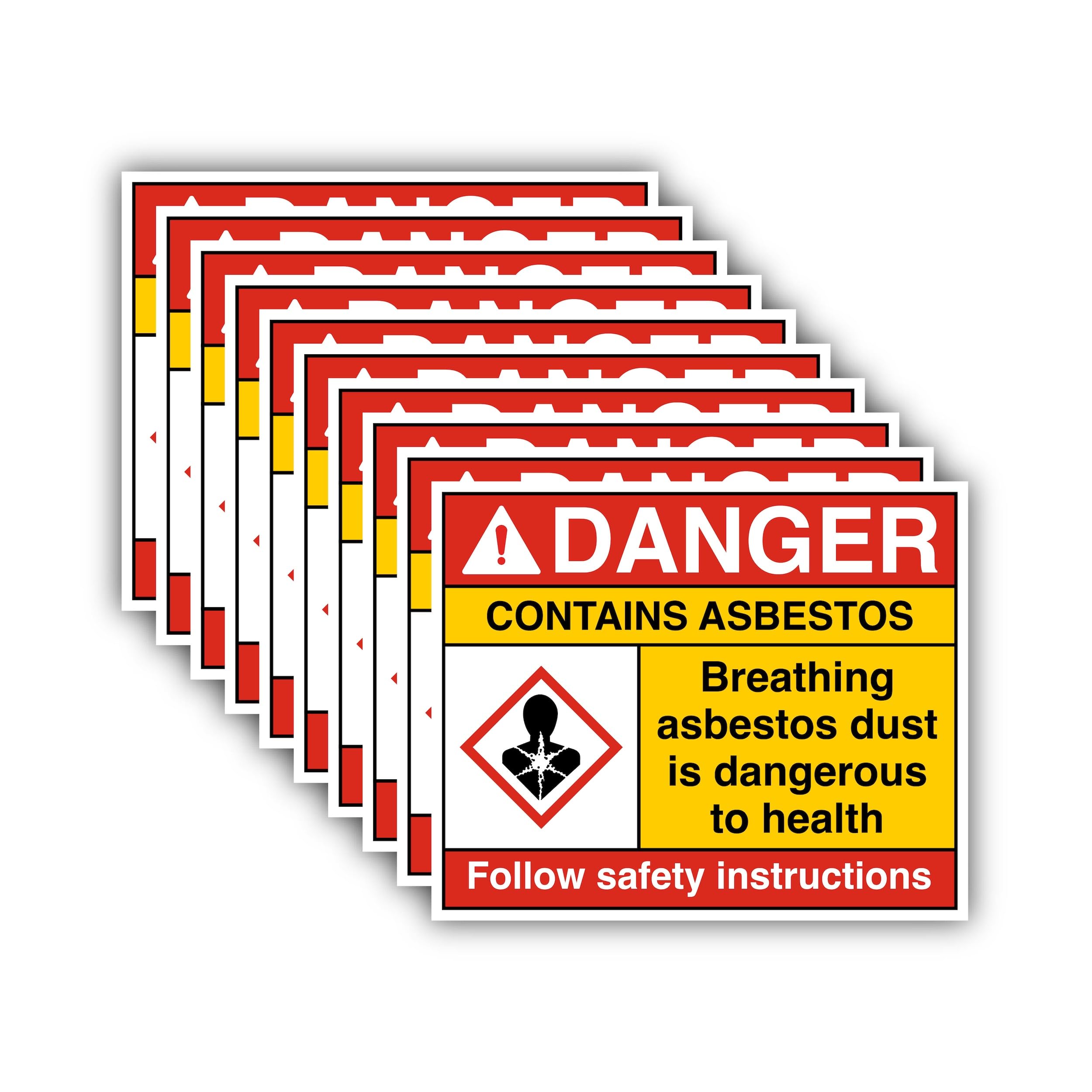 Pack of 10 Danger Asbestos Warning Stickers 90 mm x 110 mm – Self Adhesive Vinyl Asbestos Safety Sign Labels