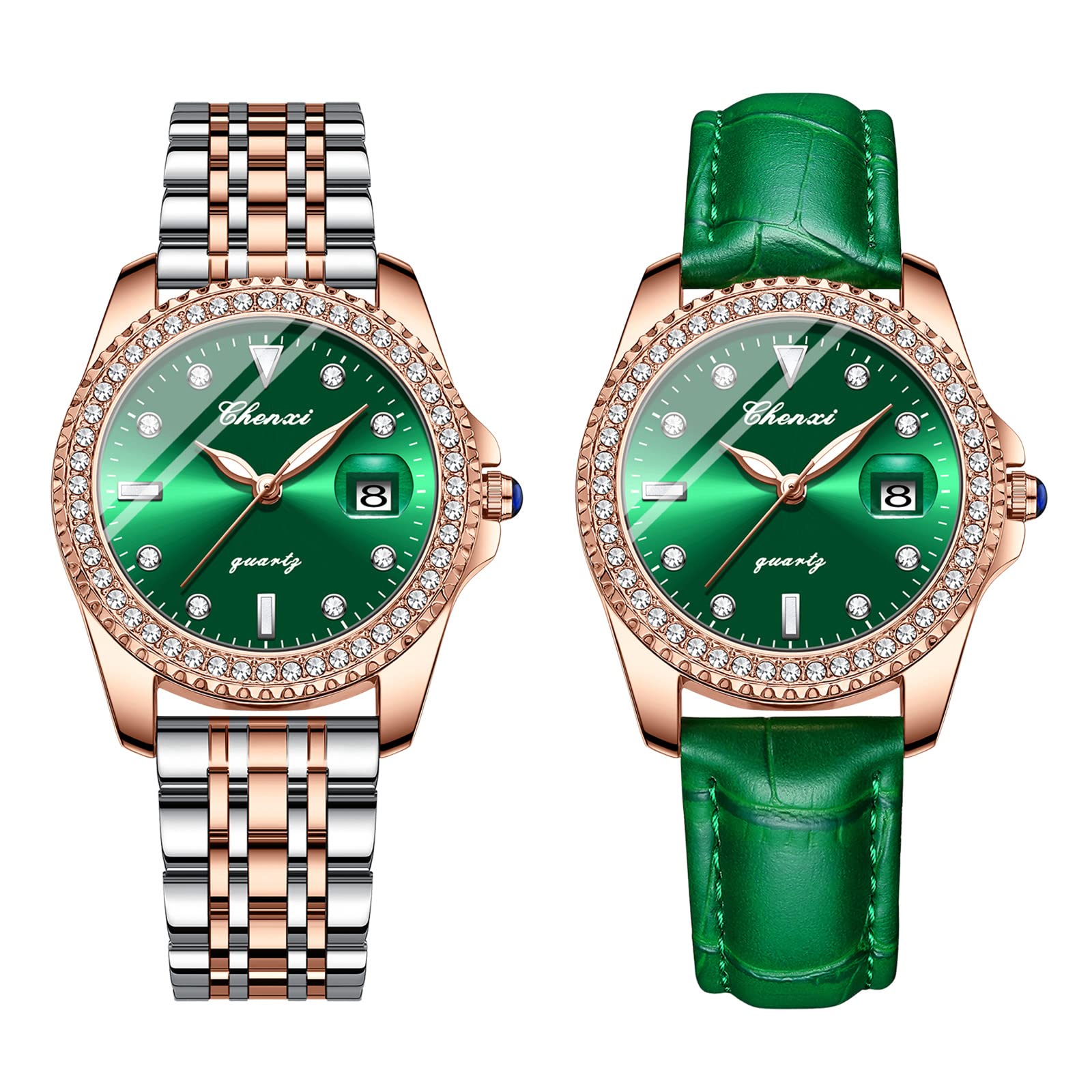 JewelryWe Uhren Damen Analog Quarz Armbanduhr Klassisch Elegant Strass Rechteckig/Rund Datum Kalender 30m Wasserdicht Geschäfts Beiläufige Uhr mit Echtleder Leder Armband