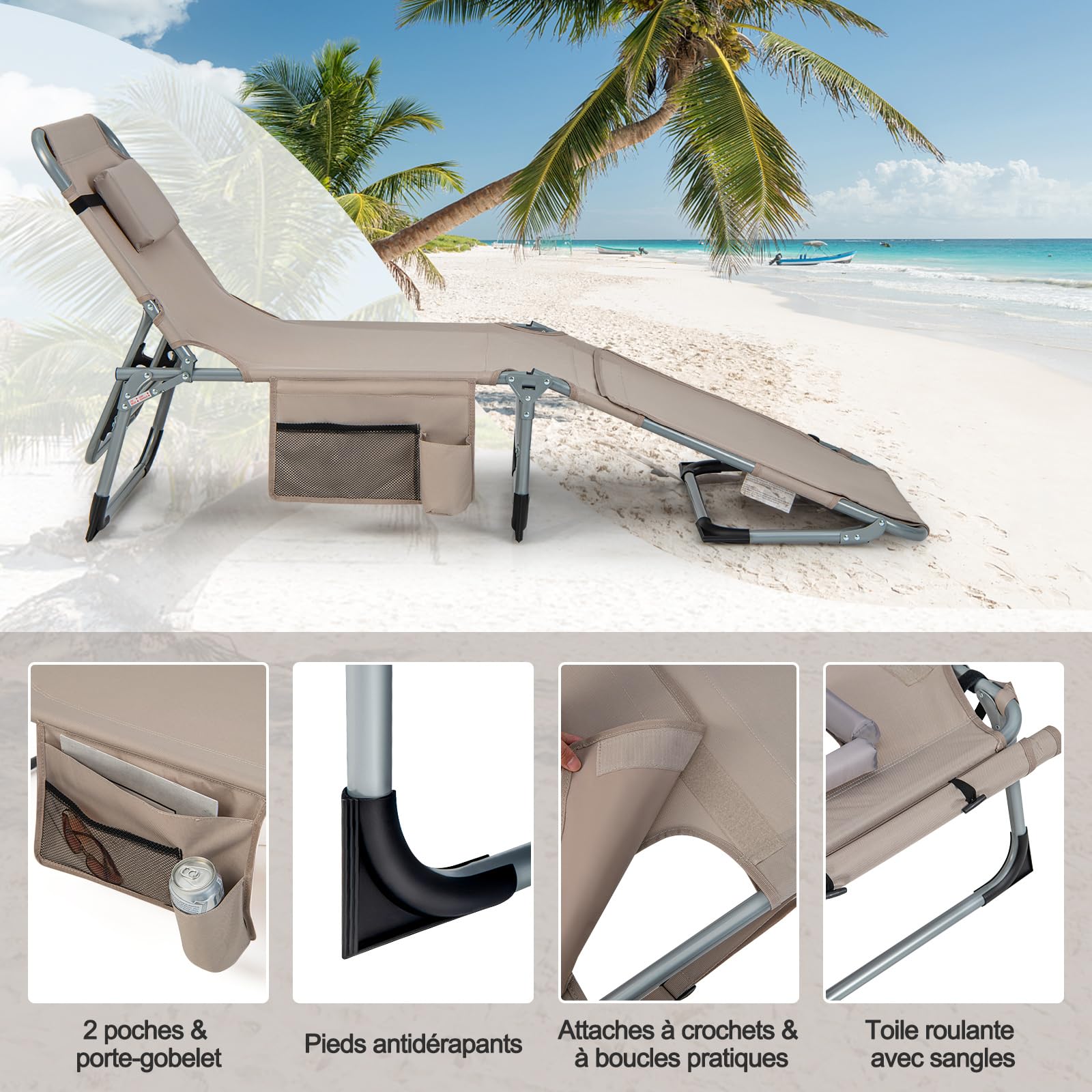 GIANTEX Chaise Longue Jardin Exterieur Pliante, Trous pour Visage et Bra, Transat Jardin Exterieur, Oreiller, Poche Latérale, Bandoulière, Poignée, Dossier Réglable à 5 Positions, pour Piscine, Sable