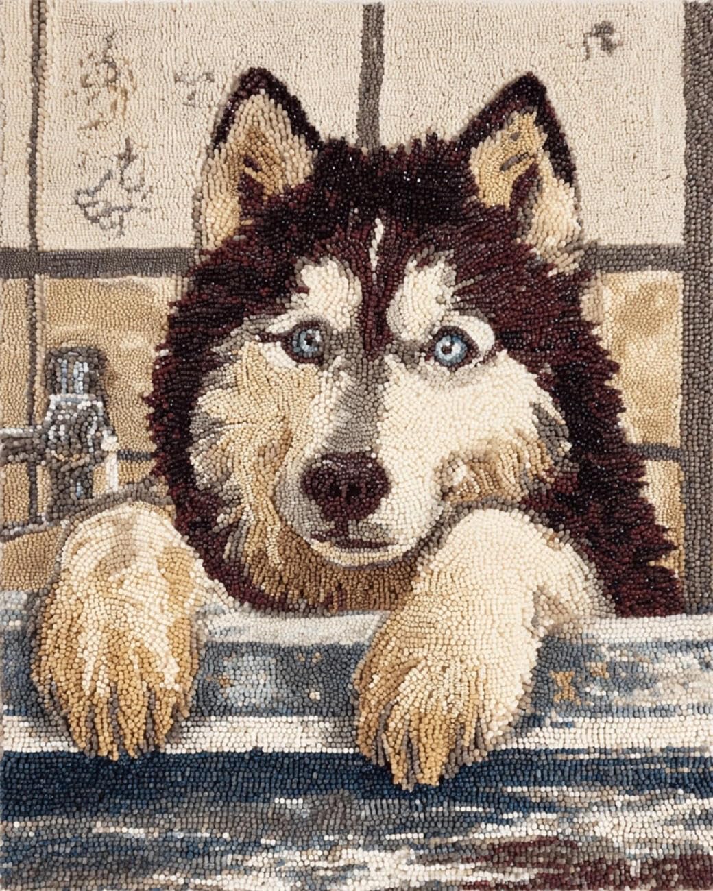 AMBATTERY Knüpfteppich Set Vorgedruckt Cartoon-Husky 90x120cm