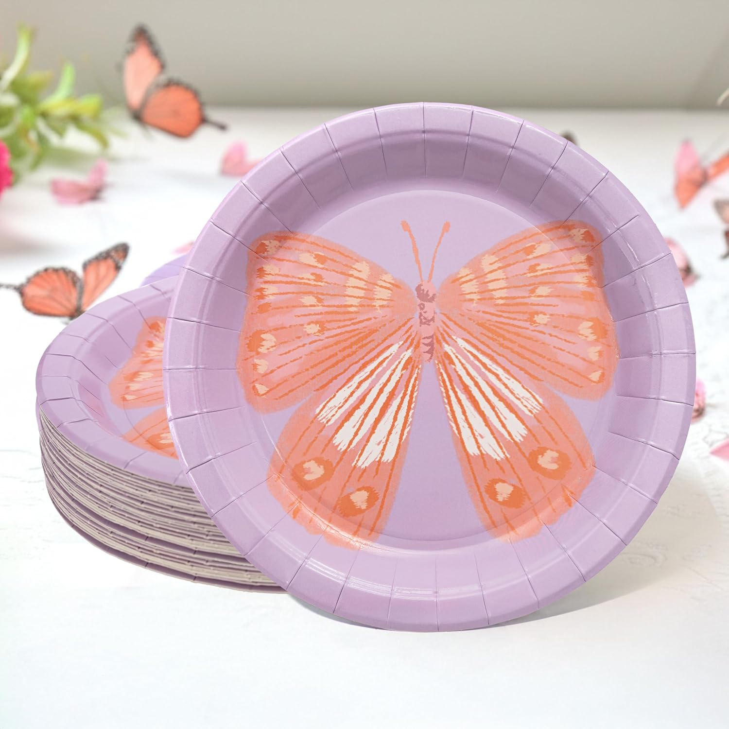 Cheerland Garden Party Butterfly Plates Purple Disposable Spring Paper Plates for Woodland Themed Kids Birthday Party Decorations Floral Celebration Tableware Supplies and Decoration 7 Inch 24 Pcs