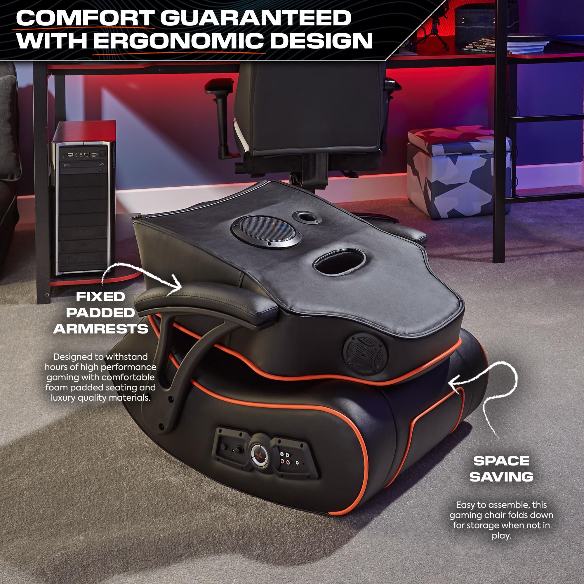 X Rocker G-Force Sport 2.1 Fauteuil de Gaming | Floor Rocker | Chaise de Jeu avec système Audio 2.1 | Noir/Orange
