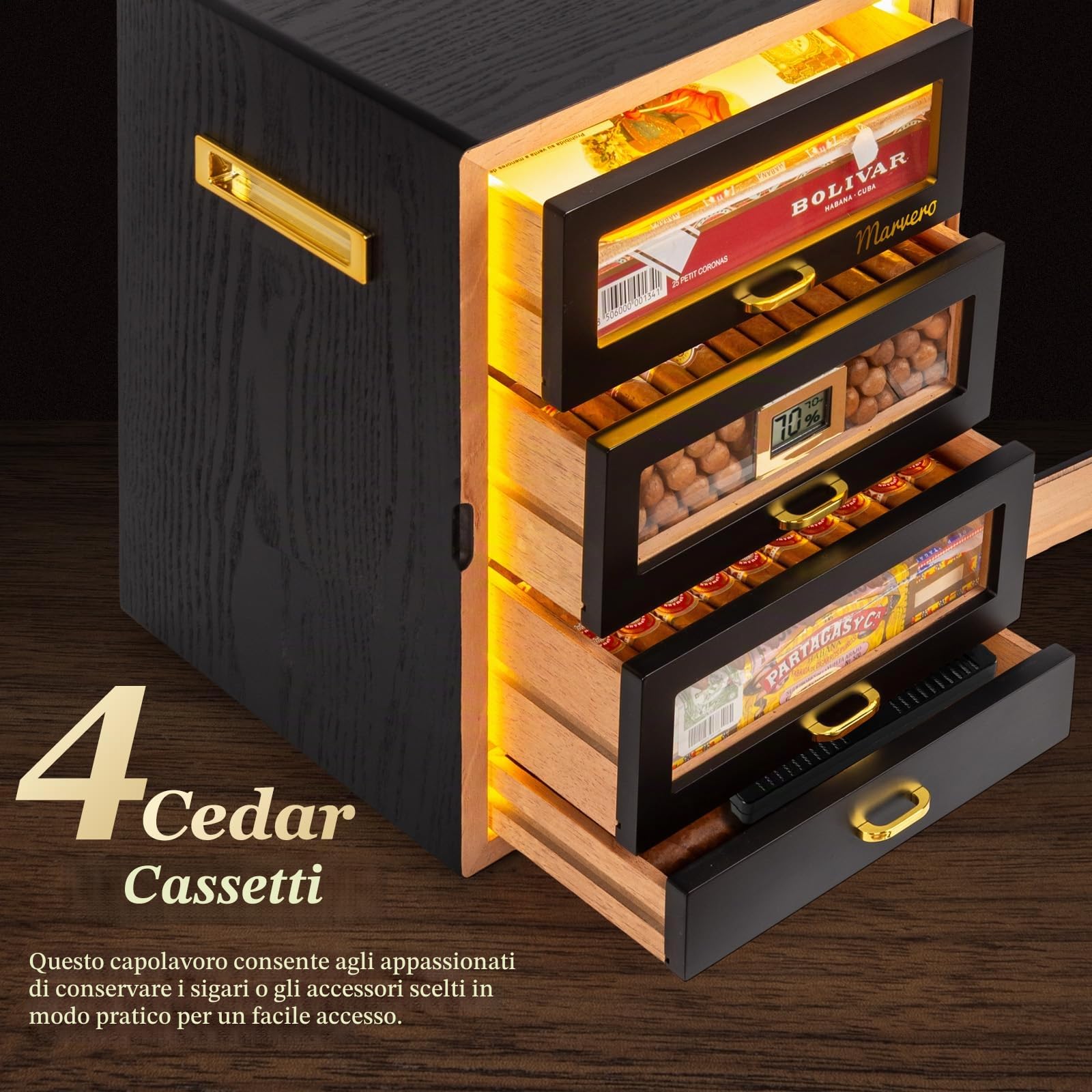 Umidificatore per sigari per 200 Sigari, 5 Cassetti in Cedro, Nero | Illuminazione a LED su tre lati, 4 umidificatori e 2 pacchetti di umidificazione con alimentazione tramite USB-C o batteria.
