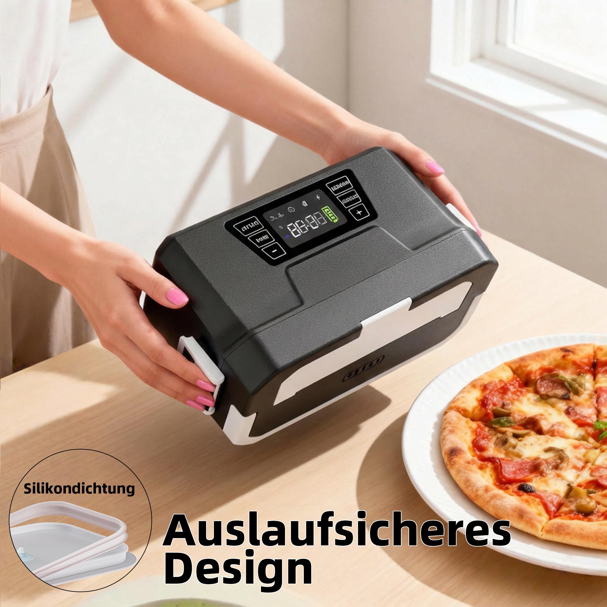 Vabaso Wiederaufladbare Kabellose Elektrische Lunchbox mit App-Steuerung, 10000mAh Batterie, 80W Schnellheizung & Warmhaltefunktion, Selbstaufwärmende Essensbox für Büro, Auto oder Outdoor