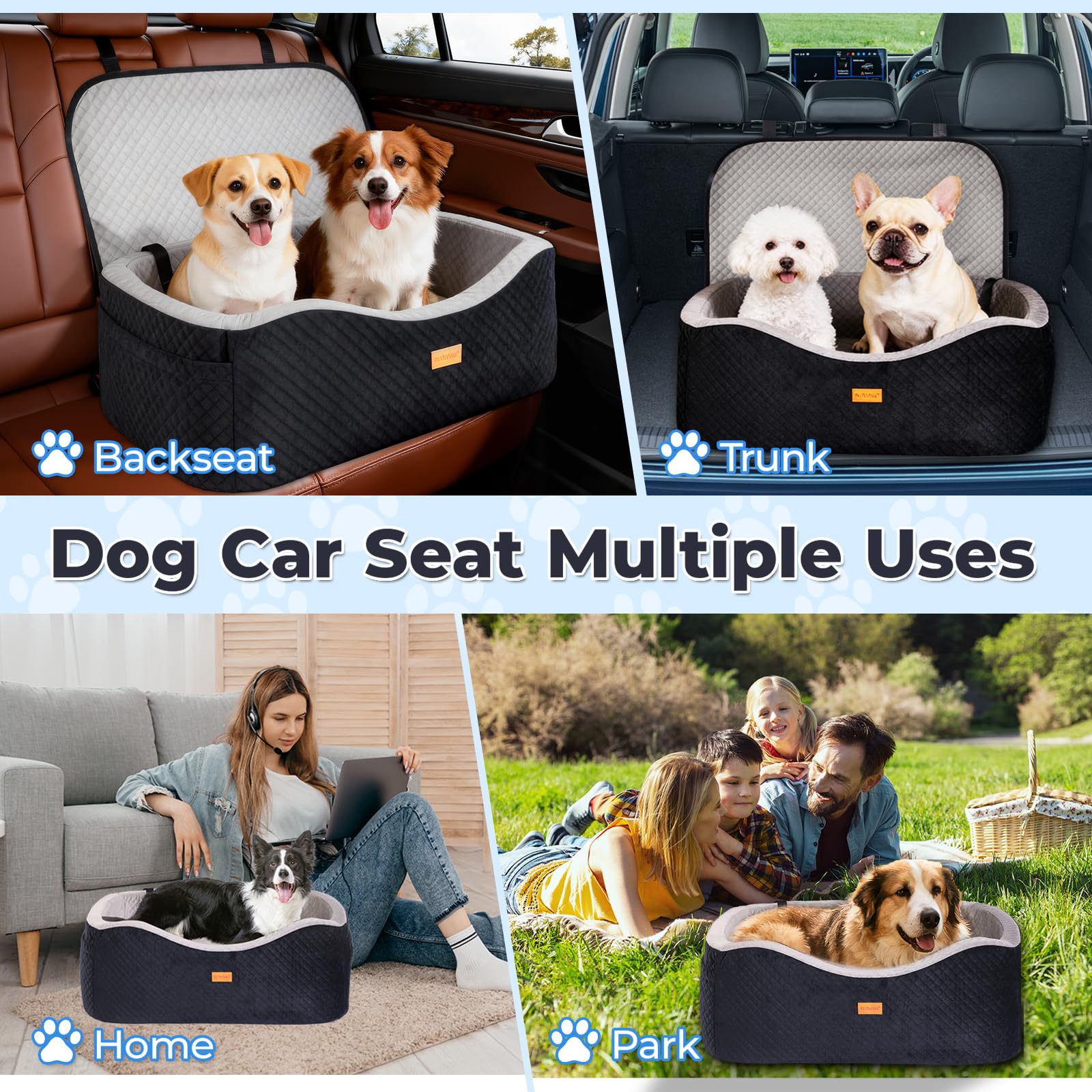 Asiento de coche para perros grandes de hasta 60 libras o 2 perros pequeños con espuma viscoelástica de 4 pulgadas, asiento trasero mediano para mascotas con cinturones de seguridad triples, correas