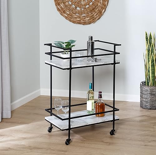 Honey Can Do 2-Tier Rolling Bar &amp; Serving Cart, Black &amp; White Faux Marble CRT-09861 Black