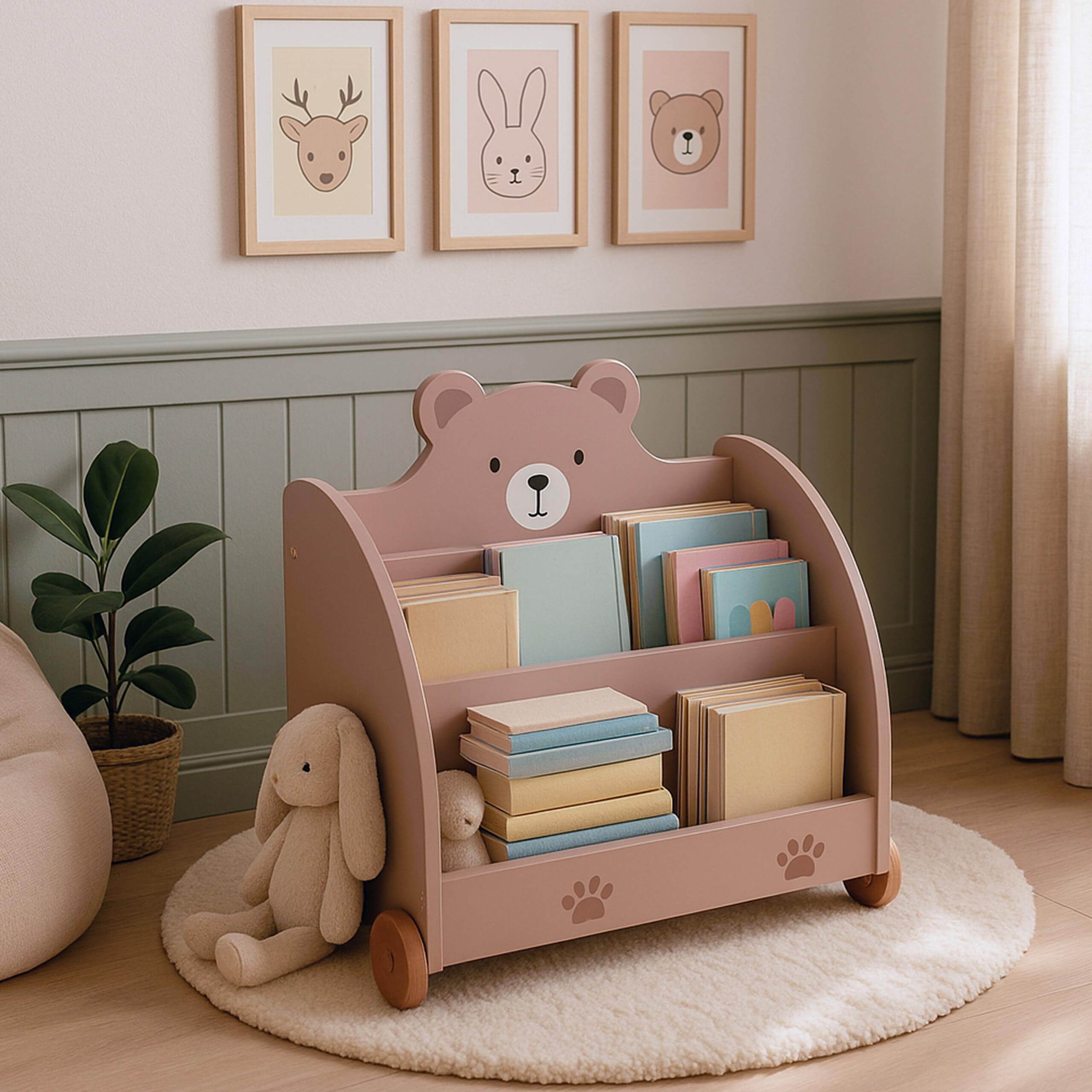 Estantería Relaxdays para niños, diseño de Osos, HBT: 58 x 60 x 40 cm, con Ruedas, Esquinas Redondeadas, MDF, marrón
