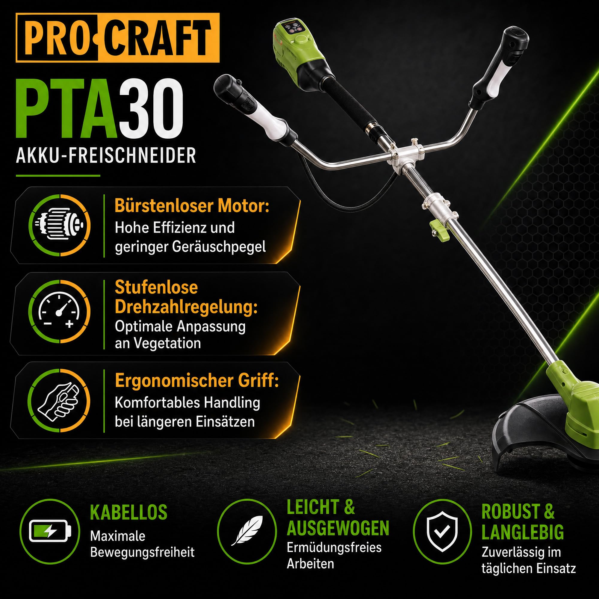Procraft PTA30 - Decespugliatore a batteria, 20 V, 300 mm, Brushless Solo, senza batteria, senza caricatore